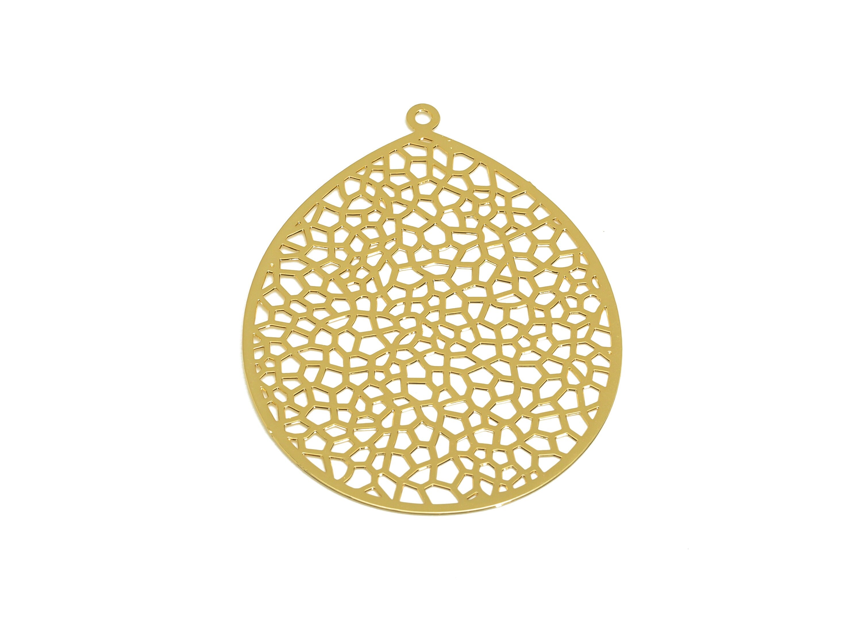 Brass Teardrop Charm - Brass Hollow Textured Earring Charm - Brass Drop Pendant - 18K Real Gold Plating - 46.27x36.41x0.29mm - RGP7160 - DOMEDBAZAAR