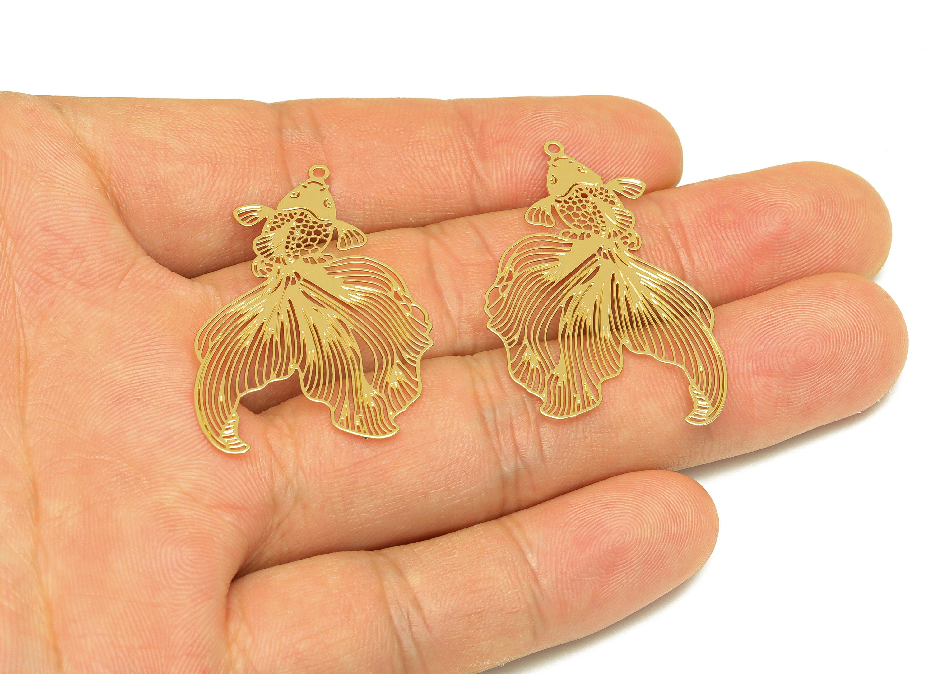 Brass Fish Earring Charm - Brass Hollow Fish Earring Charm - Brass Goldfish Pendant - 18K Real Gold Plating - 49.11x 30.23x0.31mm - RGP7147 - DOMEDBAZAAR