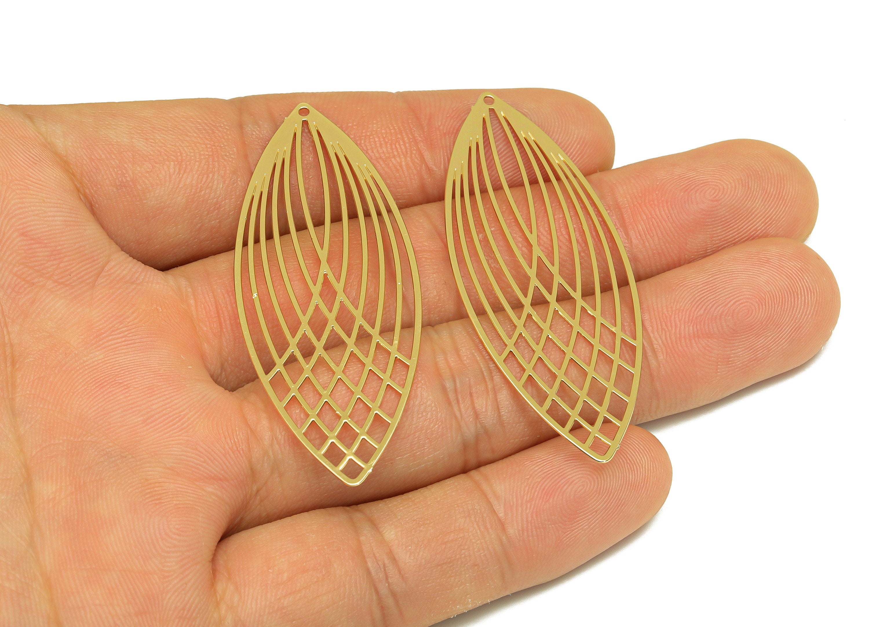Brass Marquise Earring Charm - Brass Hollow Geometry Earring Charm - Brass Textured Pendant - 18K Real Gold Plating - 55x21x0.36mm - RGP7143 - DOMEDBAZAAR