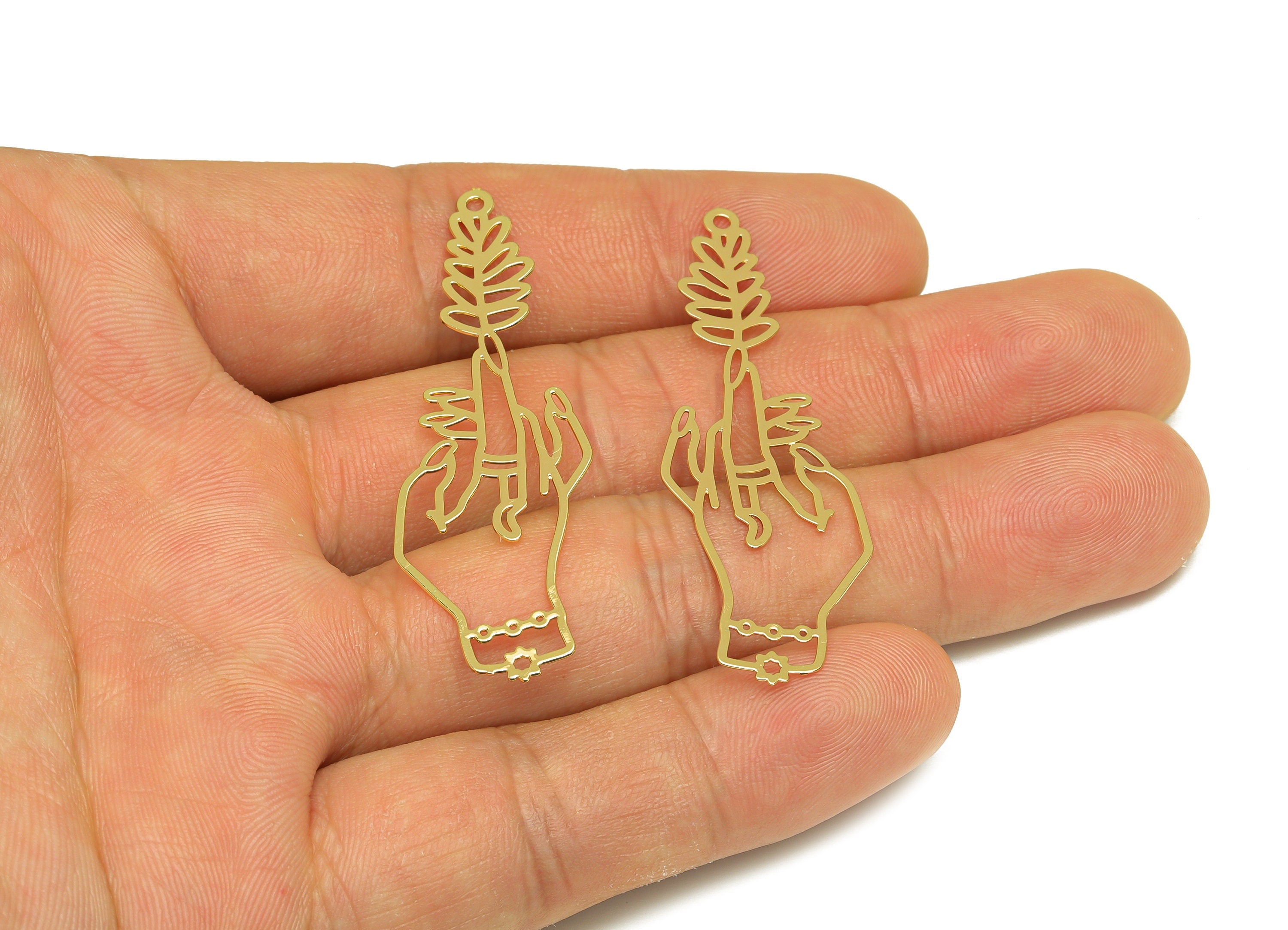 Brass Hand Earring Charm - Brass Botanical Earring Charm - Brass Hand Leaf Pendant - 18K Real Gold Plating - 52.38x18.62x0.37mm - RGP7158 - DOMEDBAZAAR