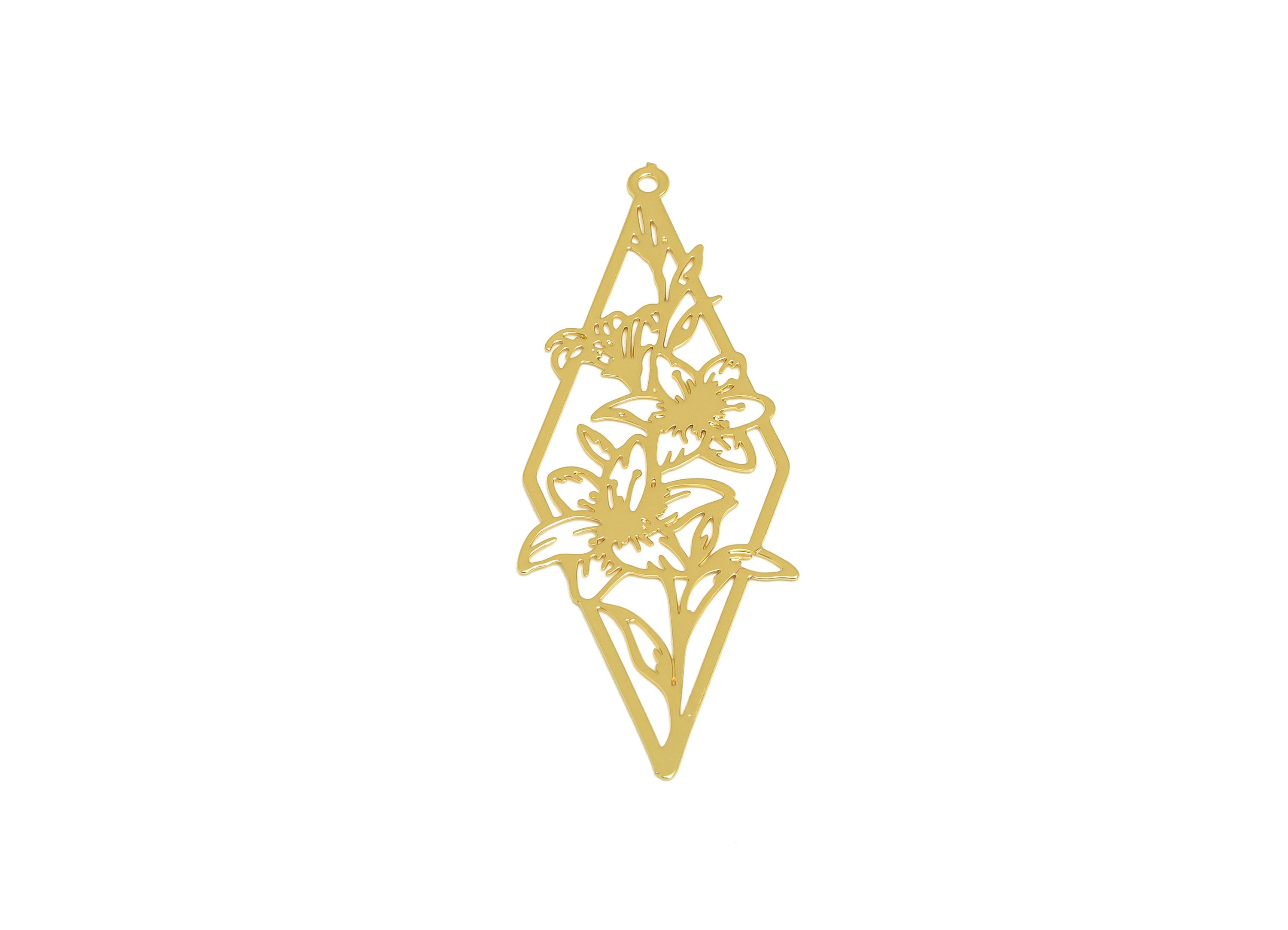 Brass Flower Earring Charm - Brass Laser Cut Flower Earring Charm - Brass Diamond Pendant - 18K Real Gold Plating - 40x42.9x0.4mm - RGP7157 - DOMEDBAZAAR