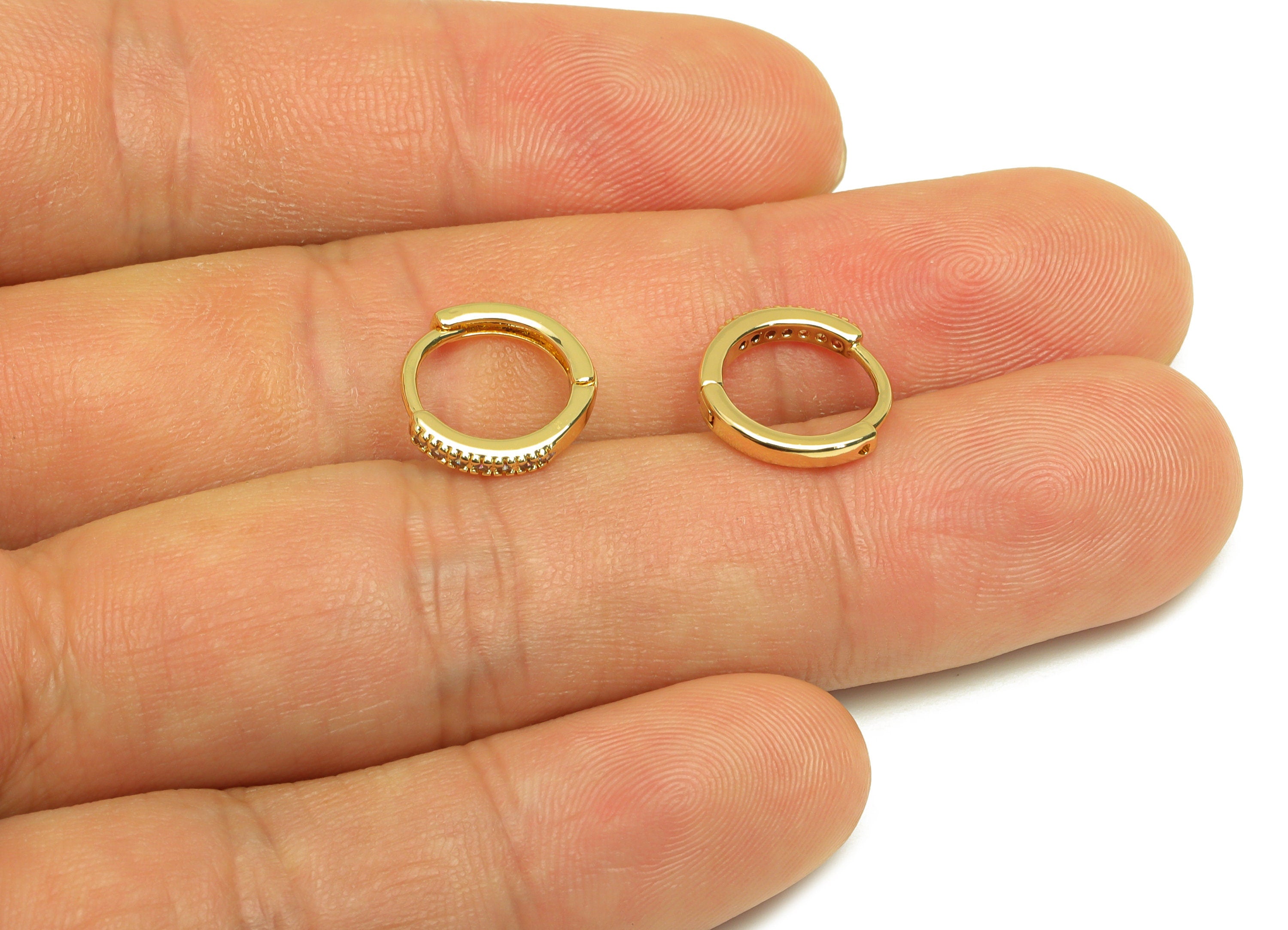 Brass CZ Hoop Earring - Brass Round Hoop Earring Clasp - Zircon Huggie Hoop Earring With Loop - 18K Real Gold Plating - 12x12x2mm - RGP6954 - DOMEDBAZAAR