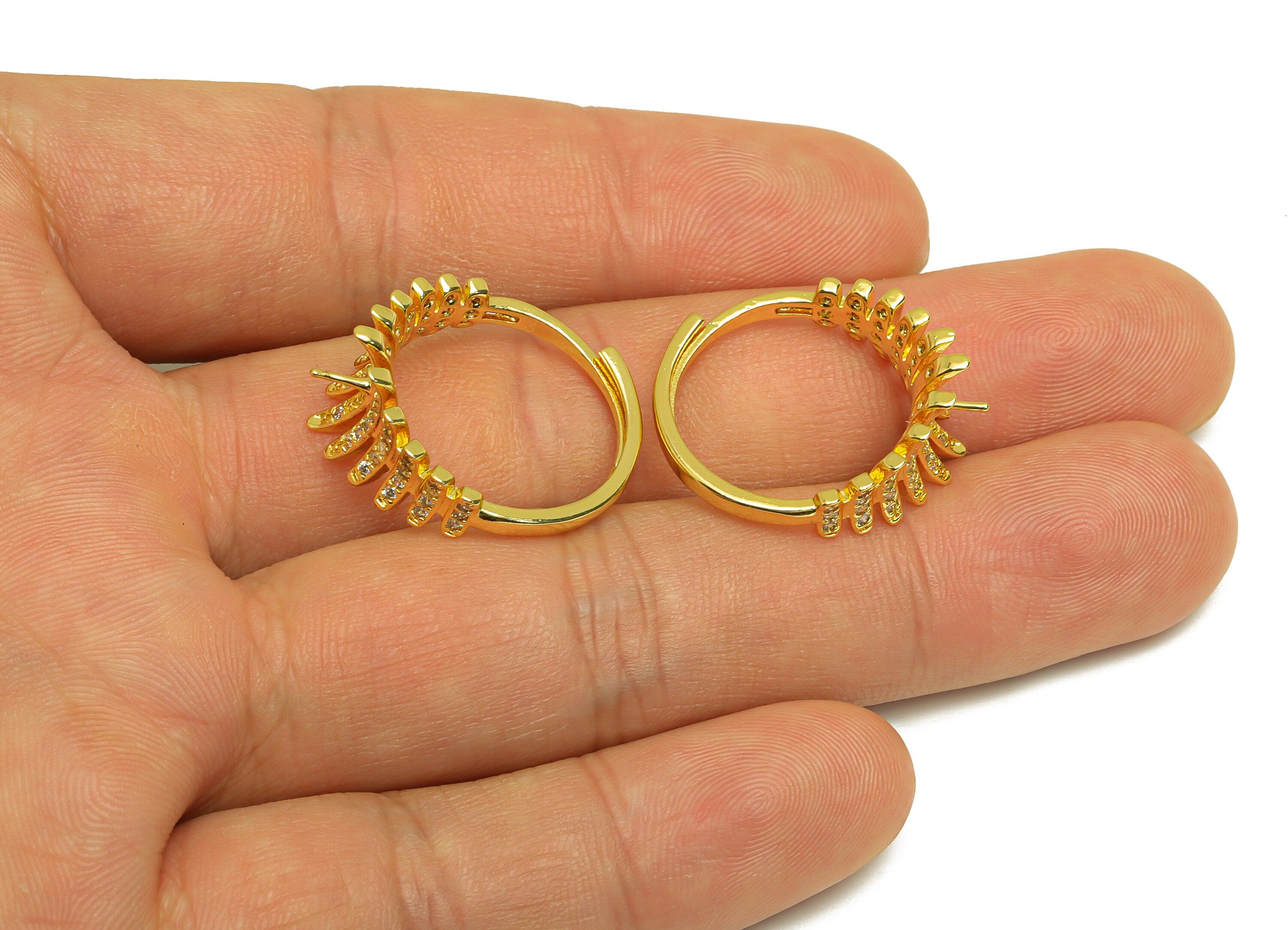 Brass Adjustable CZ Ring - Brass Ring Settings - Brass Cubic Zircon Rings For Pearl - 18K Real Gold Plating - 25.46x12x1mm - RGP6977 - DOMEDBAZAAR
