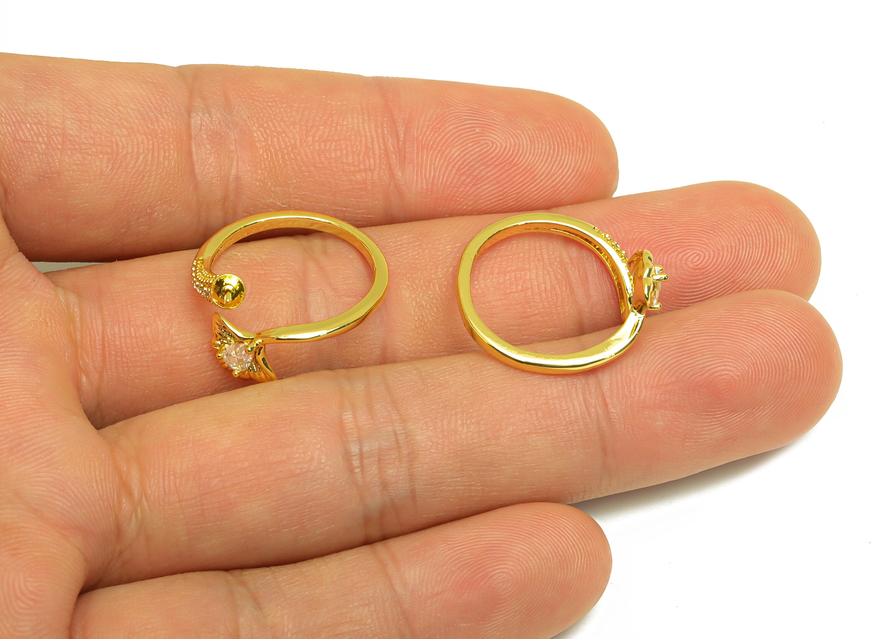 Brass Adjustable CZ Ring - Brass Lotus Leaf Ring Settings - Teardrop Zircon Rings For Pearl - 18K Real Gold Plating - 22x12.61x1mm - RGP6979 - DOMEDBAZAAR