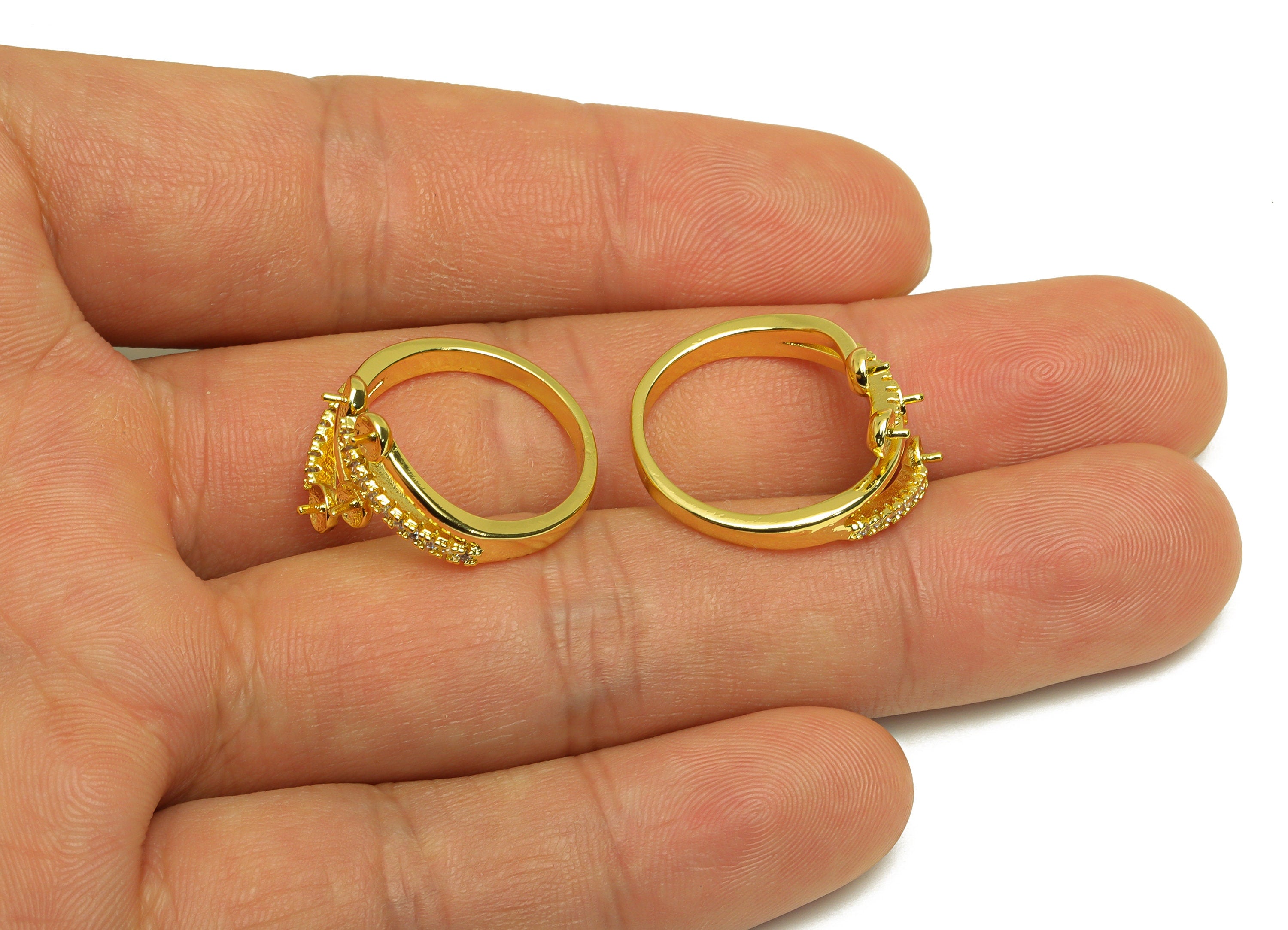 Brass Adjustable CZ Ring - Brass Ring Settings - Brass Cubic Zircon Rings For Pearl - 18K Real Gold Plating - 20.48x12.77x2.11mm - RGP6978 - DOMEDBAZAAR