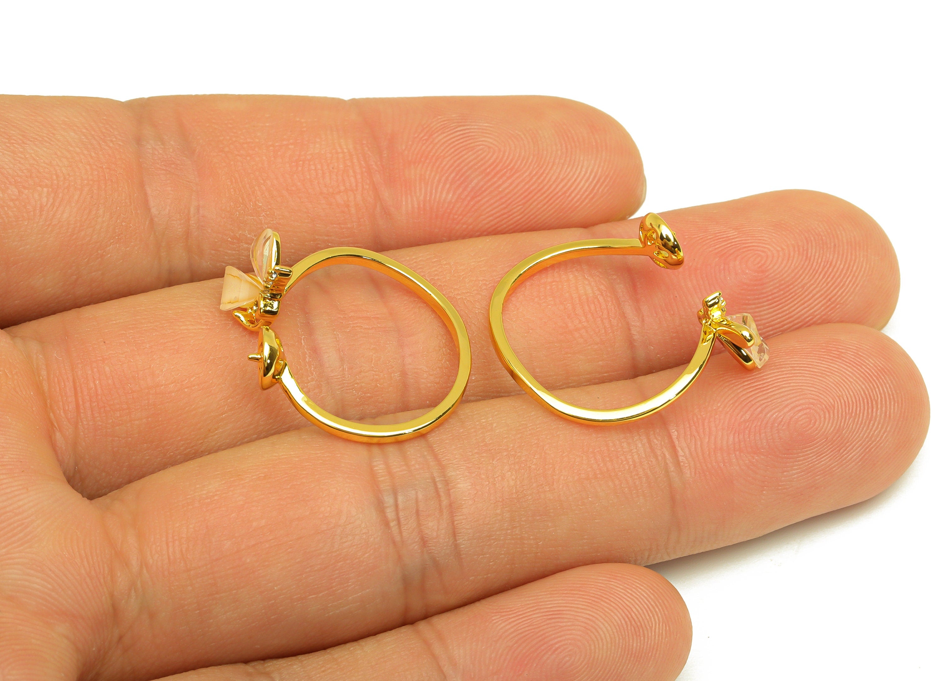 Brass Adjustable CZ Ring - Brass Butterfly Ring Settings - Brass Cubic Zircon Rings For Pearl - 18K Real Gold Plating - 20.3x8x1mm - RGP6980 - DOMEDBAZAAR