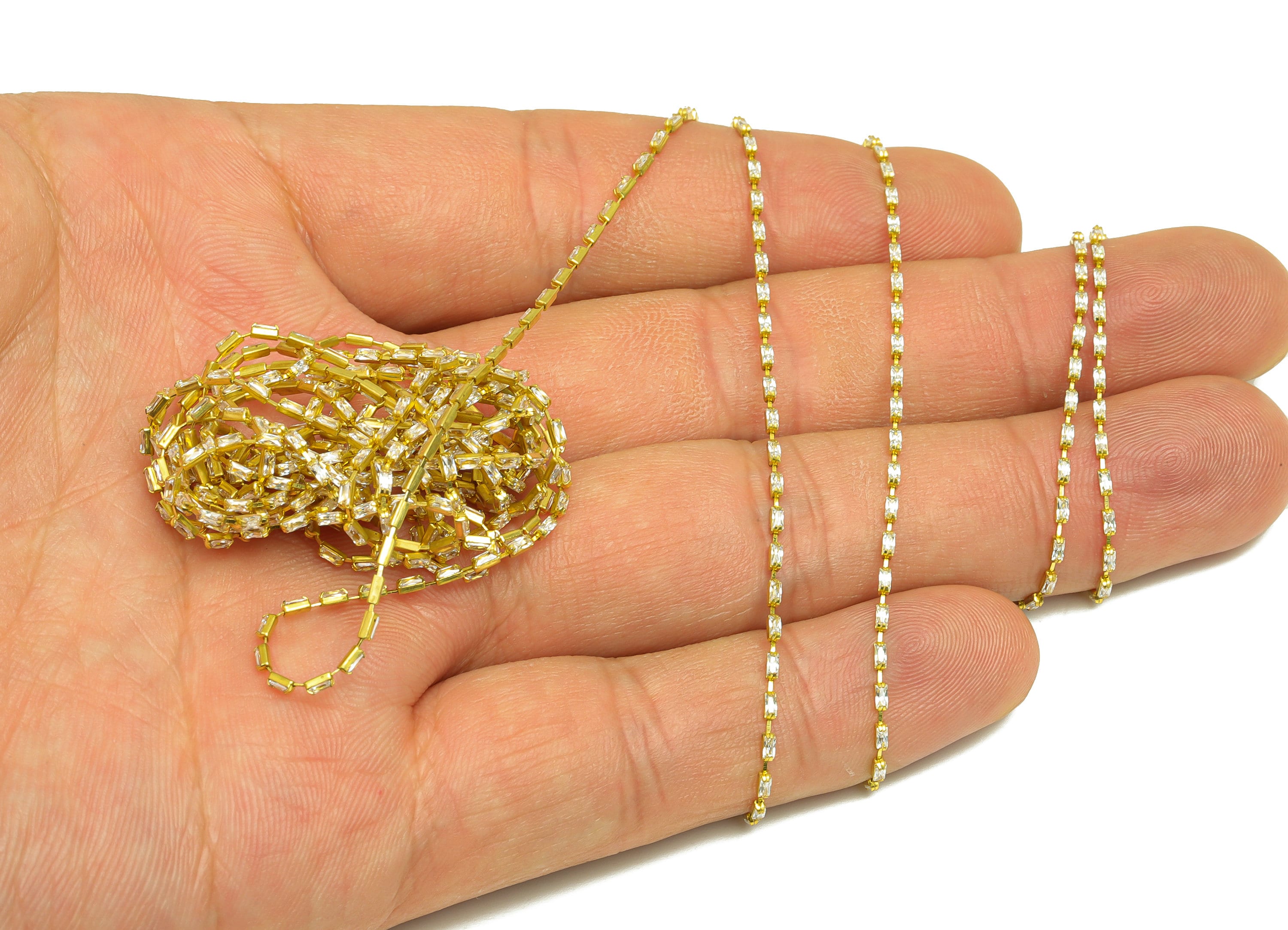 1*2mm Rectangular Chain - Raw Brass Cubic Zircon Irregular Chain - White Oblique Claw Chain - Brass White Zircon Chain - 21x21x1mm - RGP6917 - DOMEDBAZAAR