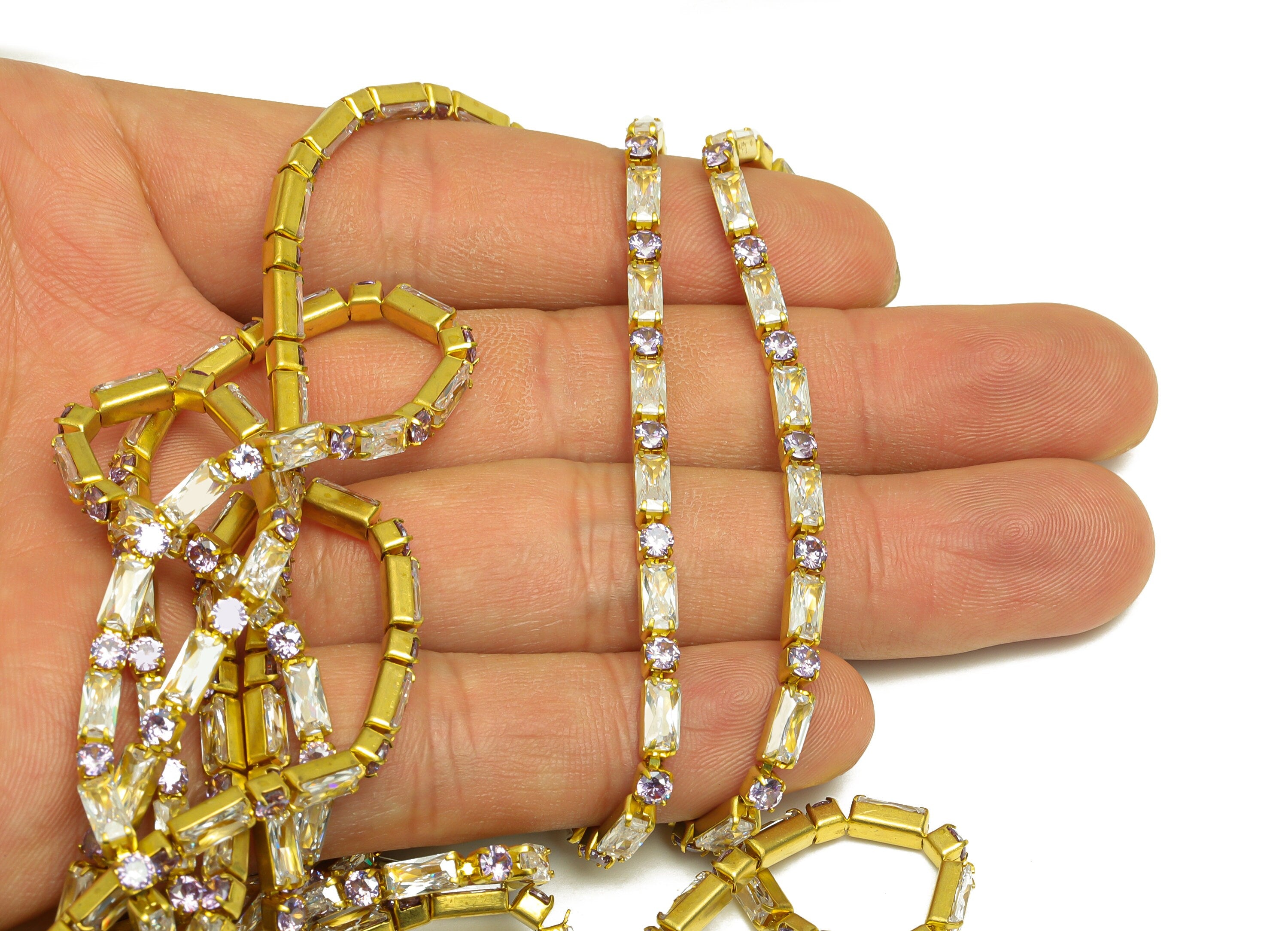 3*6mm+3mm Rectangular Zircon Chain - Raw Brass White Purple Cubic Zircon Bracelet Chain -Brass CZ Claw Chain - 21x21x1mm - RGP6916 - DOMEDBAZAAR
