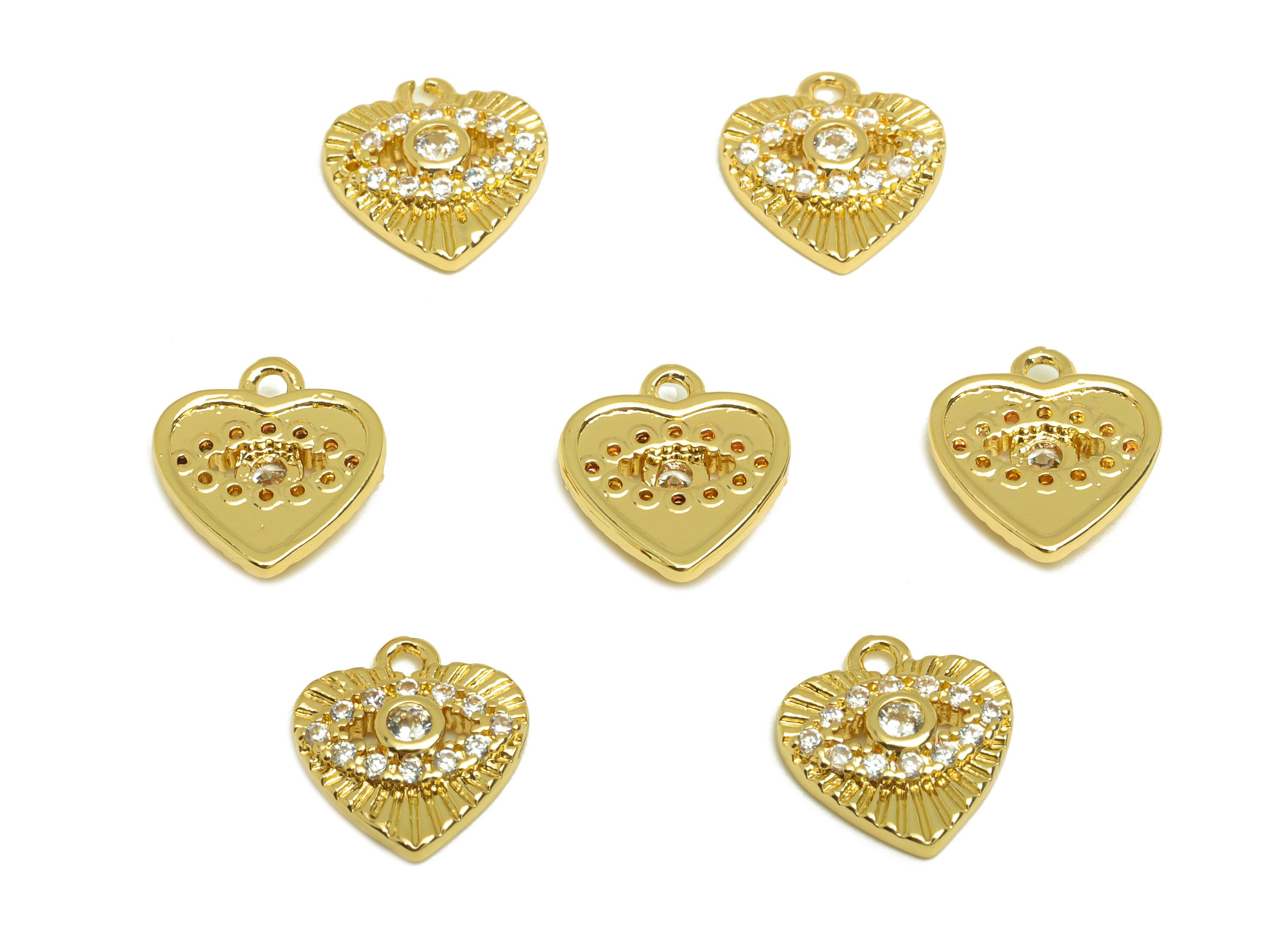Brass Heart Earring Charm - Brass Cubic Zircon Earring Charm - Brass Eye Textured Earring Charm - 18K Real Gold Plating - 12x11x2mm- RGP6873 - DOMEDBAZAAR