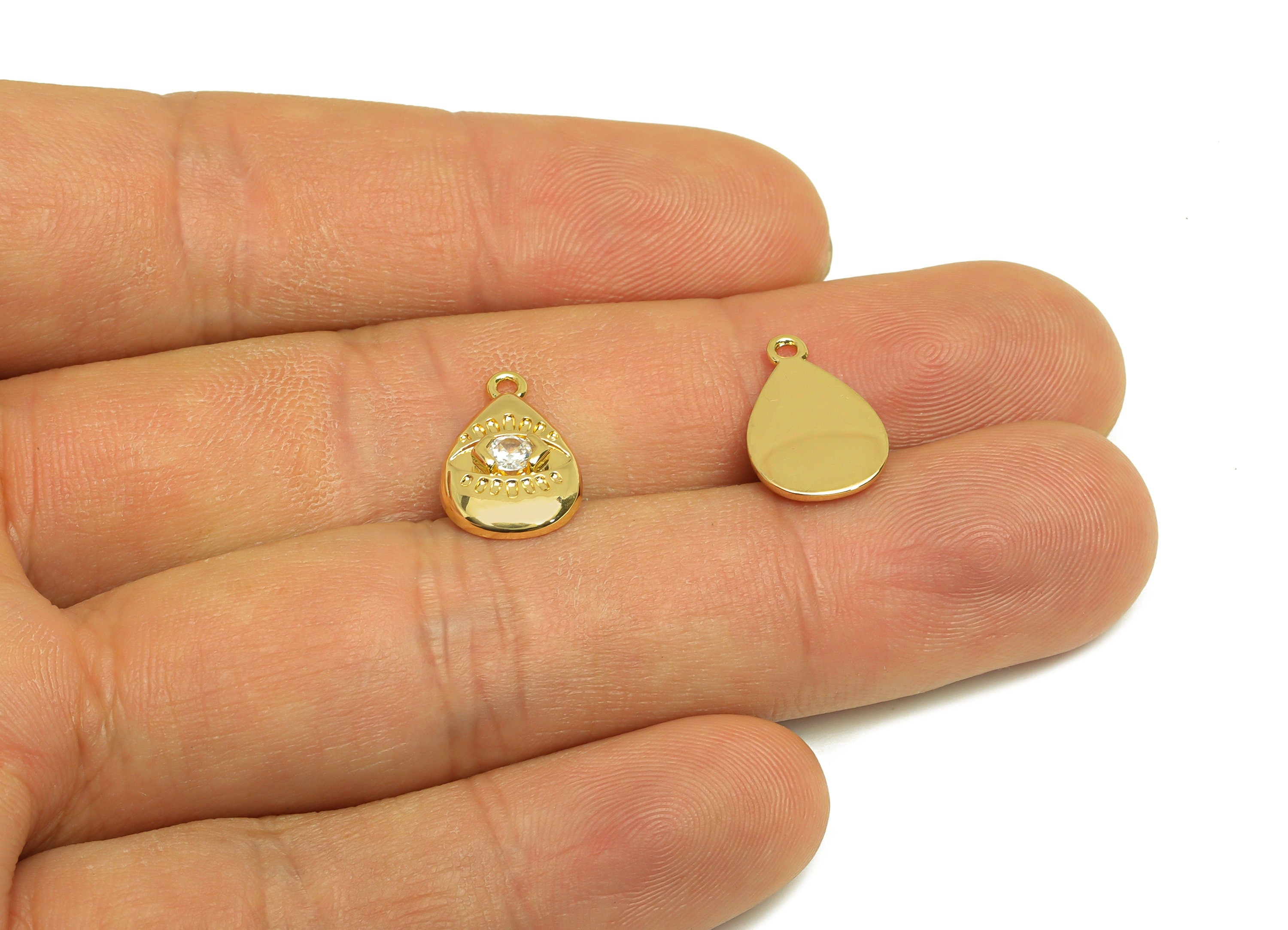 Brass Teardrop Earring Charm - Brass Cubic Zircon Earring Charm - Brass Eye Earring Charm - 18K Real Gold Plating - 14.68x9.75x2mm - RGP6869 - DOMEDBAZAAR