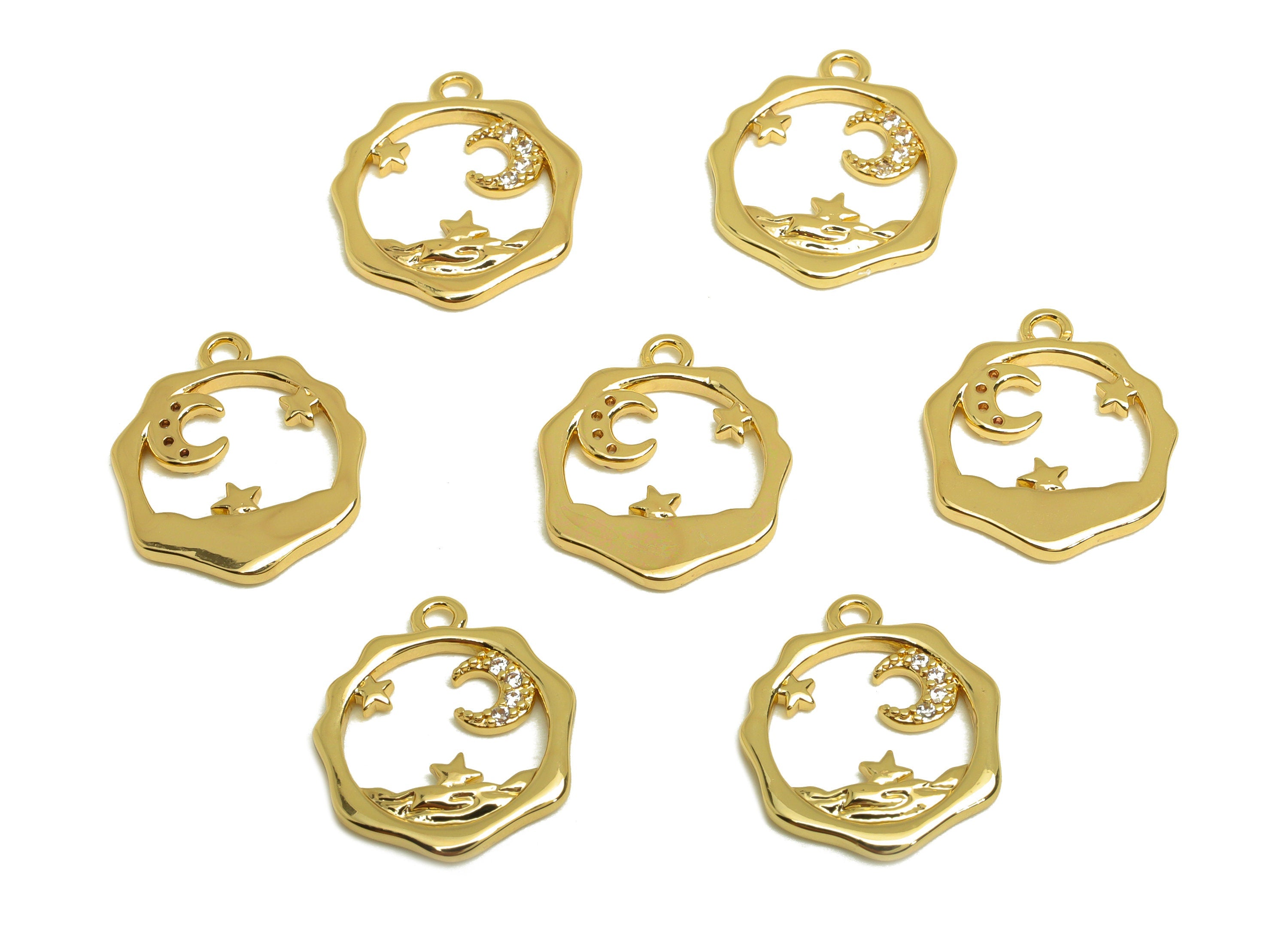 Brass Crescent Earring Charm - Brass Cubic Zircon Earring Charm - Brass Heptagon Earring Charm - 18K Real Gold Plating - 16x14x1mm - RGP6881 - DOMEDBAZAAR