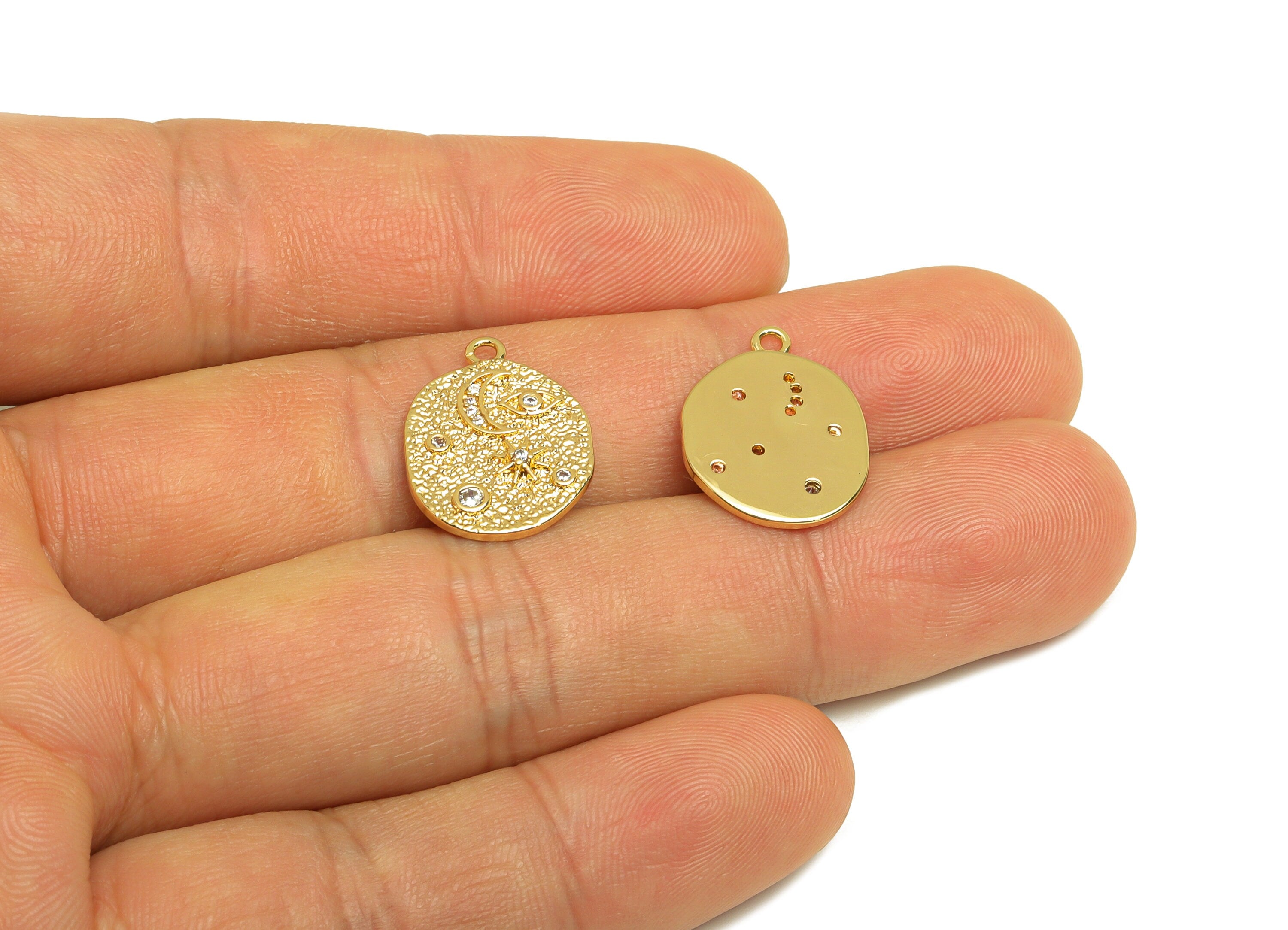 Brass Crescent Earring Charm - Brass Star Zircon Earring Charm - Eye Textured Space Charm - 18K Real Gold Plating - 18x13.78x1.9mm - RGP6849 - DOMEDBAZAAR