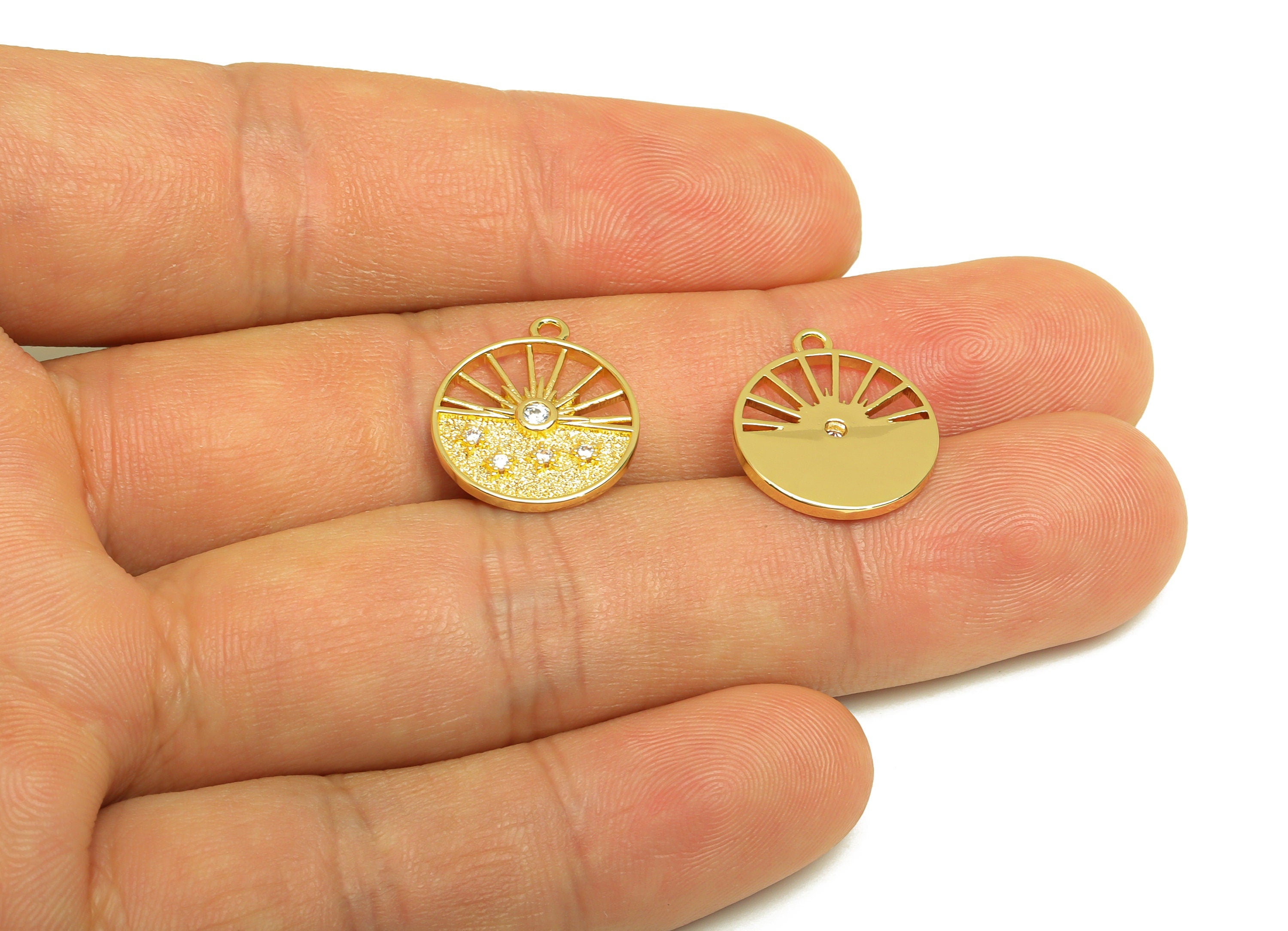 Brass Sunshine Earring Charm - Brass Cubic Zircon Earring Charm - Brass Star Textured Charm - 18K Real Gold Plating - 17x14x2mm - RGP6867 - DOMEDBAZAAR