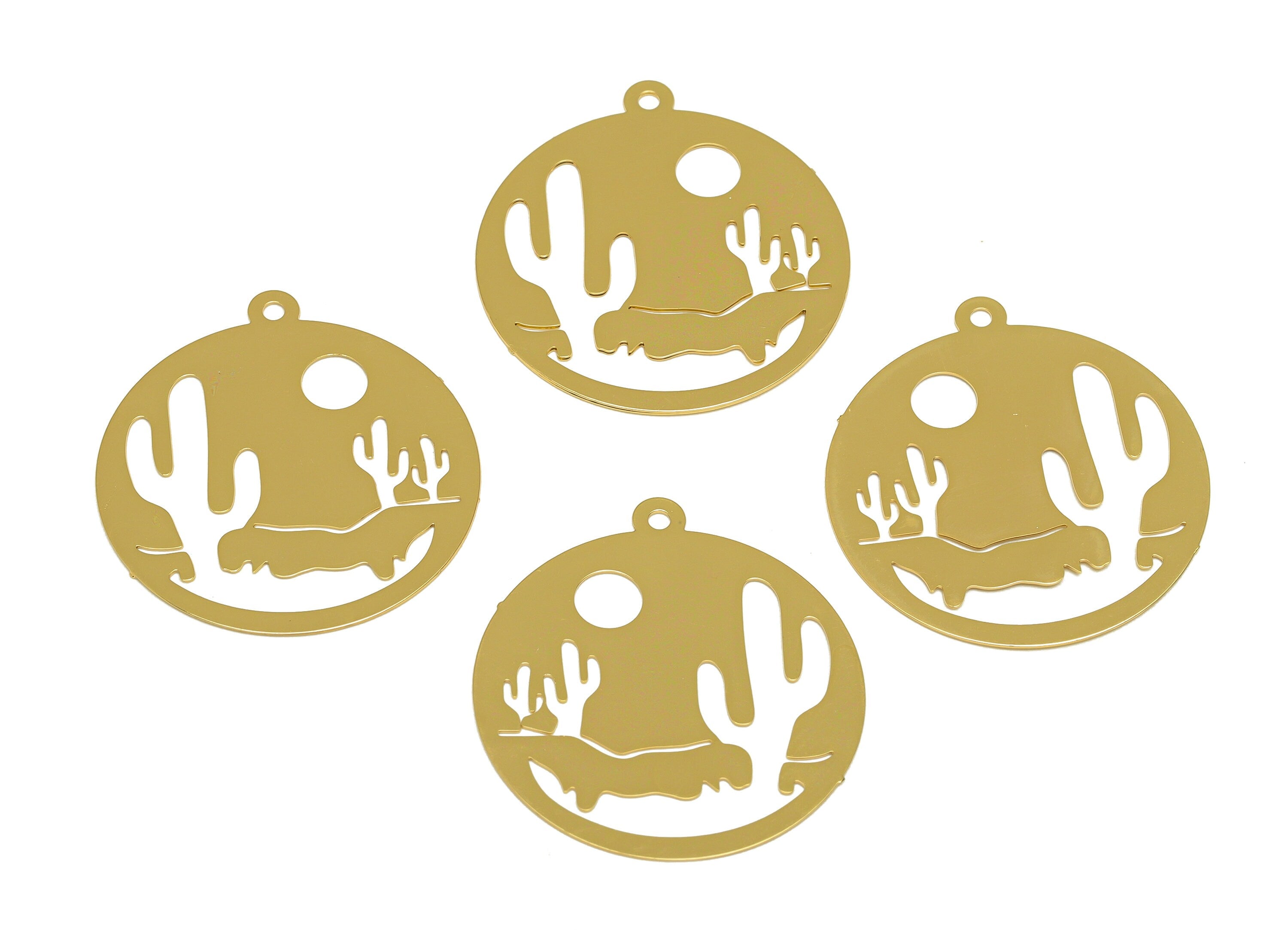 Brass Cactus Earring Charm - Brass Tropical Plant Earring Charm - Desert Botanical Pendant - 18K Real Gold Plating - 27x25x0.3mm- RGP7164 - DOMEDBAZAAR