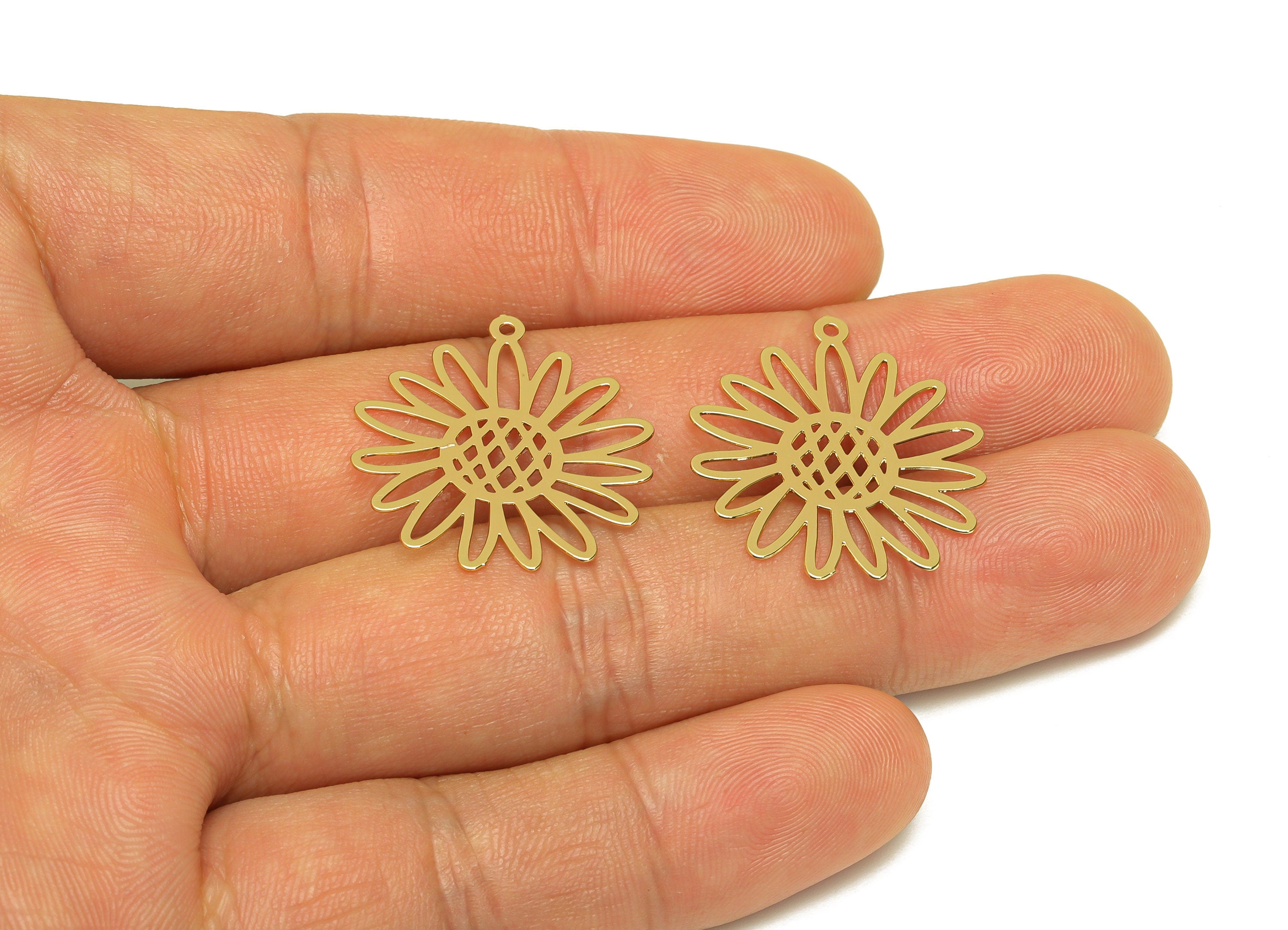 Brass Flower Earring Charm - Brass Hollow Daisy Earring Charm - Brass Botanical Pendant - 18K Real Gold Plating - 25.66x23x0.44mm - RGP7171 - DOMEDBAZAAR