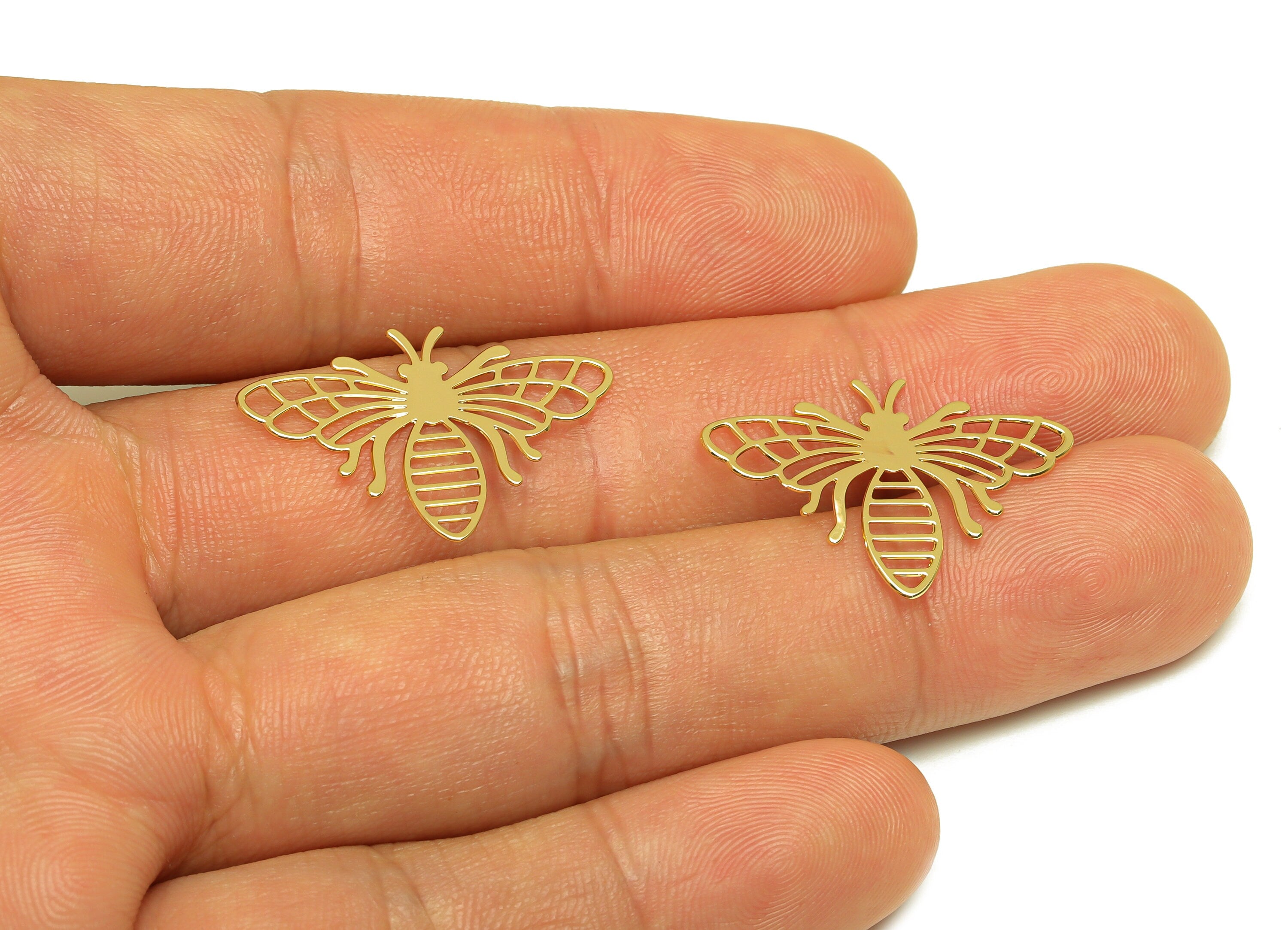 Brass Bee Earring Charm - Brass Hollow Bee Earring Charm - Brass Animal Earring Charm - 18K Real Gold Plating - 26x19x0.49mm - RGP7177 - DOMEDBAZAAR