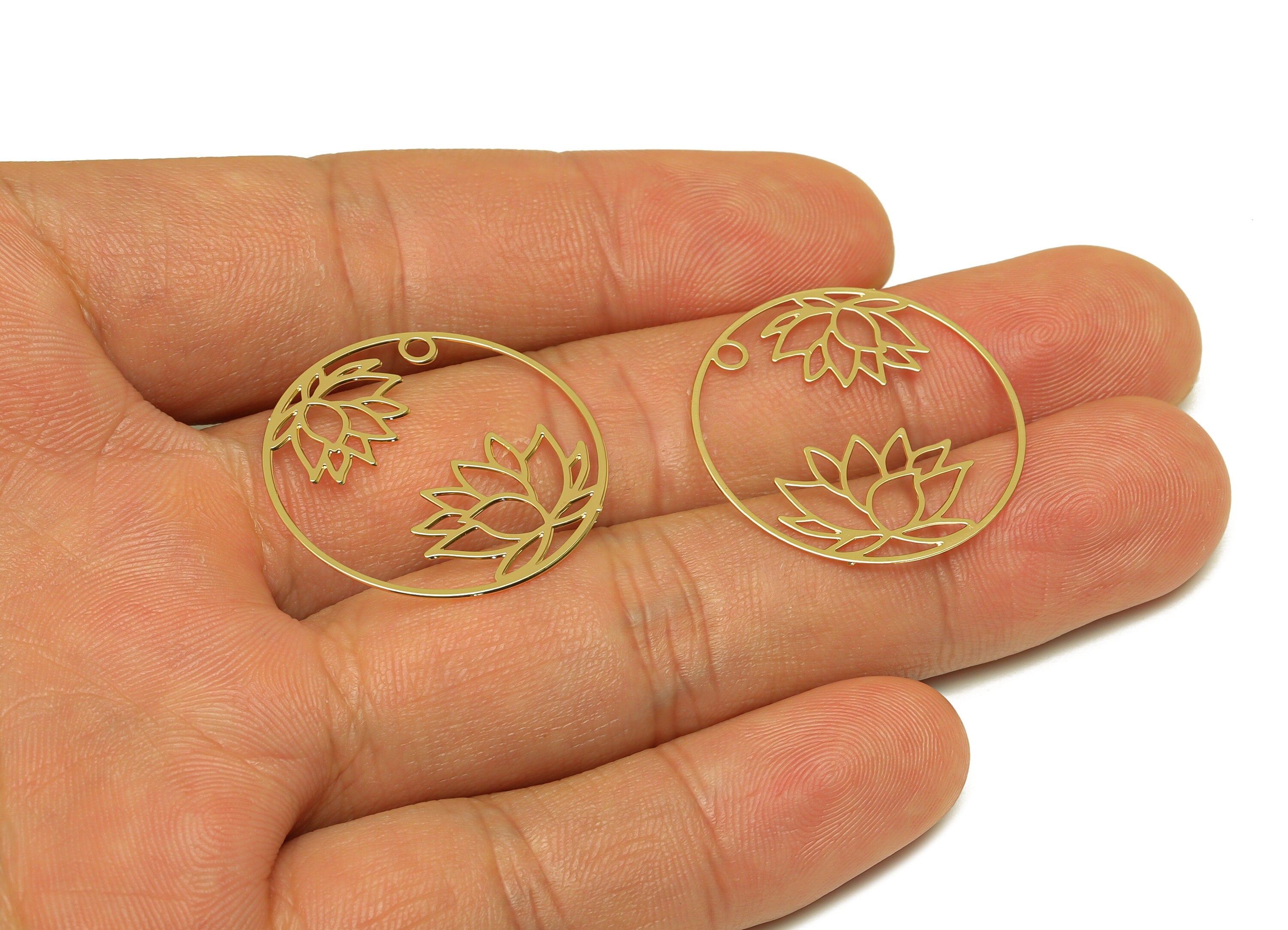 Brass Flower Earring Charm - Brass Hollow Lotus Earring Charm - Brass Botanical Pendant - 18K Real Gold Plating - 27x26.5x0.39mm - RGP7163 - DOMEDBAZAAR