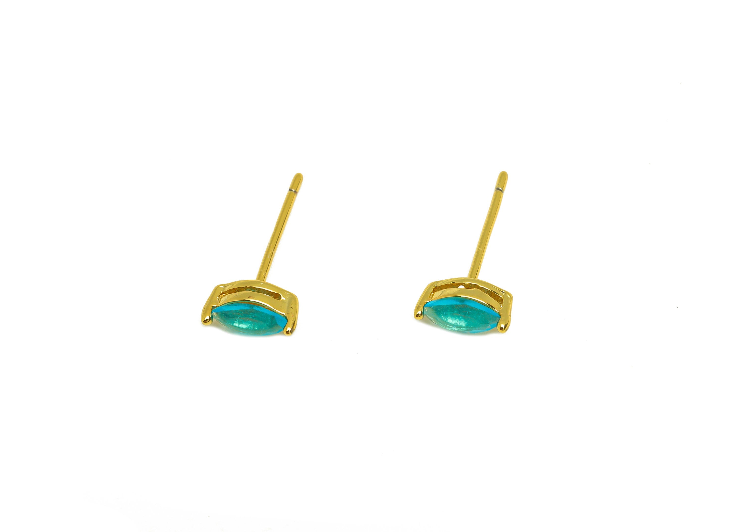 Brass Marquise CZ Earring Stud - Brass Blue Cubic Zircon Earring Post - Geometry Earring Post - 18K Real Gold Plating - 15x7x0.6mm -RGP7180F - DOMEDBAZAAR