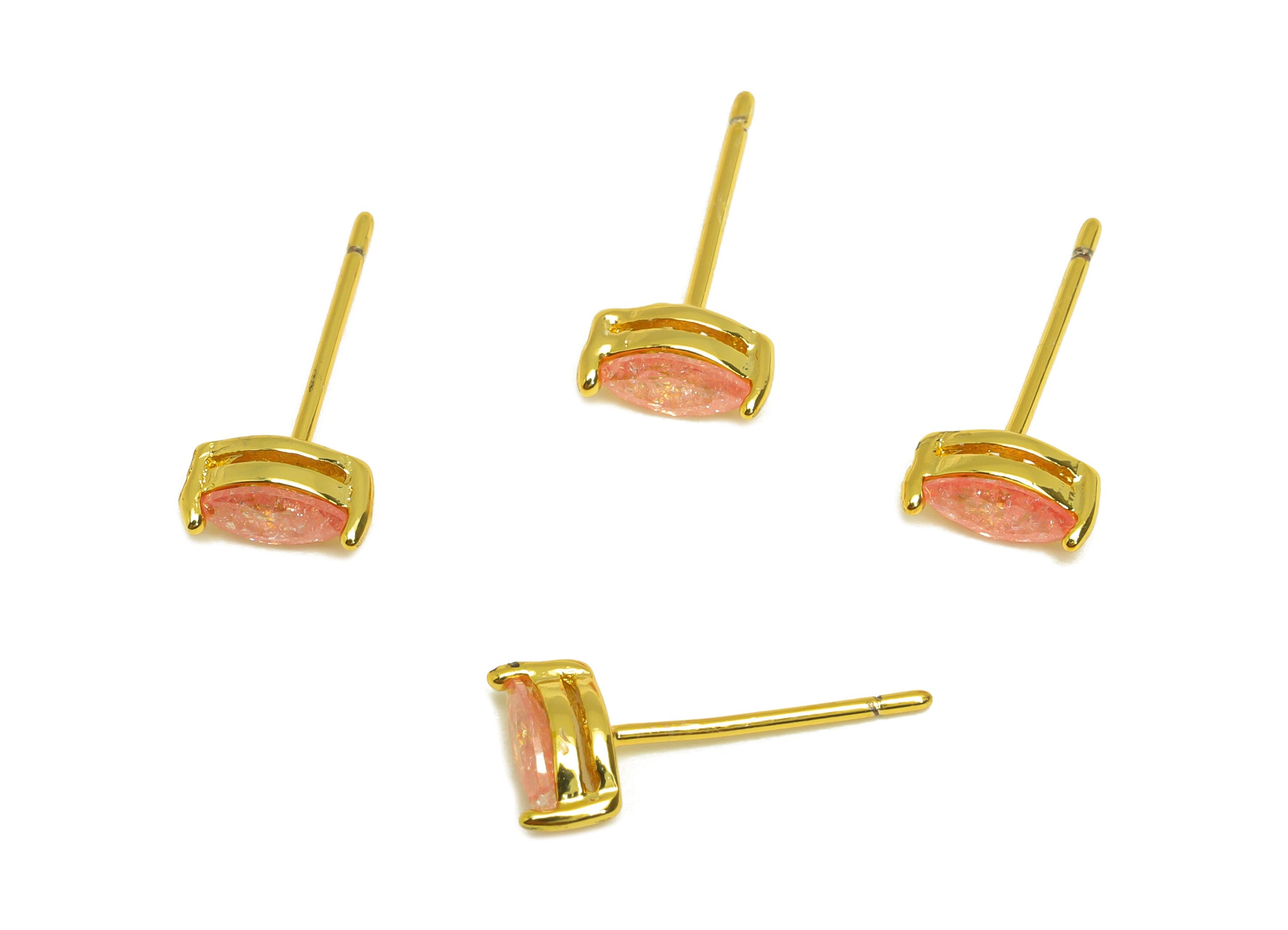 Brass Marquise CZ Earring Stud - Brass Pink Cubic Zircon Earring Post - Geometry Earring Post - 18K Real Gold Plating - 15x7x0.6mm -RGP7180H - DOMEDBAZAAR