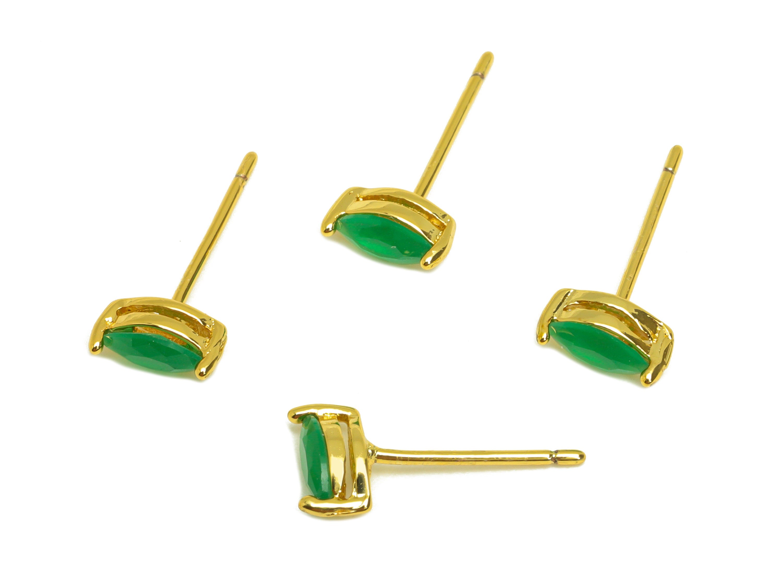 Brass Marquise CZ Earring Stud - Brass Green Cubic Zircon Earring Post - Geometry Earring Post - 18K Real Gold Plating - 15x7x0.6mm-RGP7180D - DOMEDBAZAAR