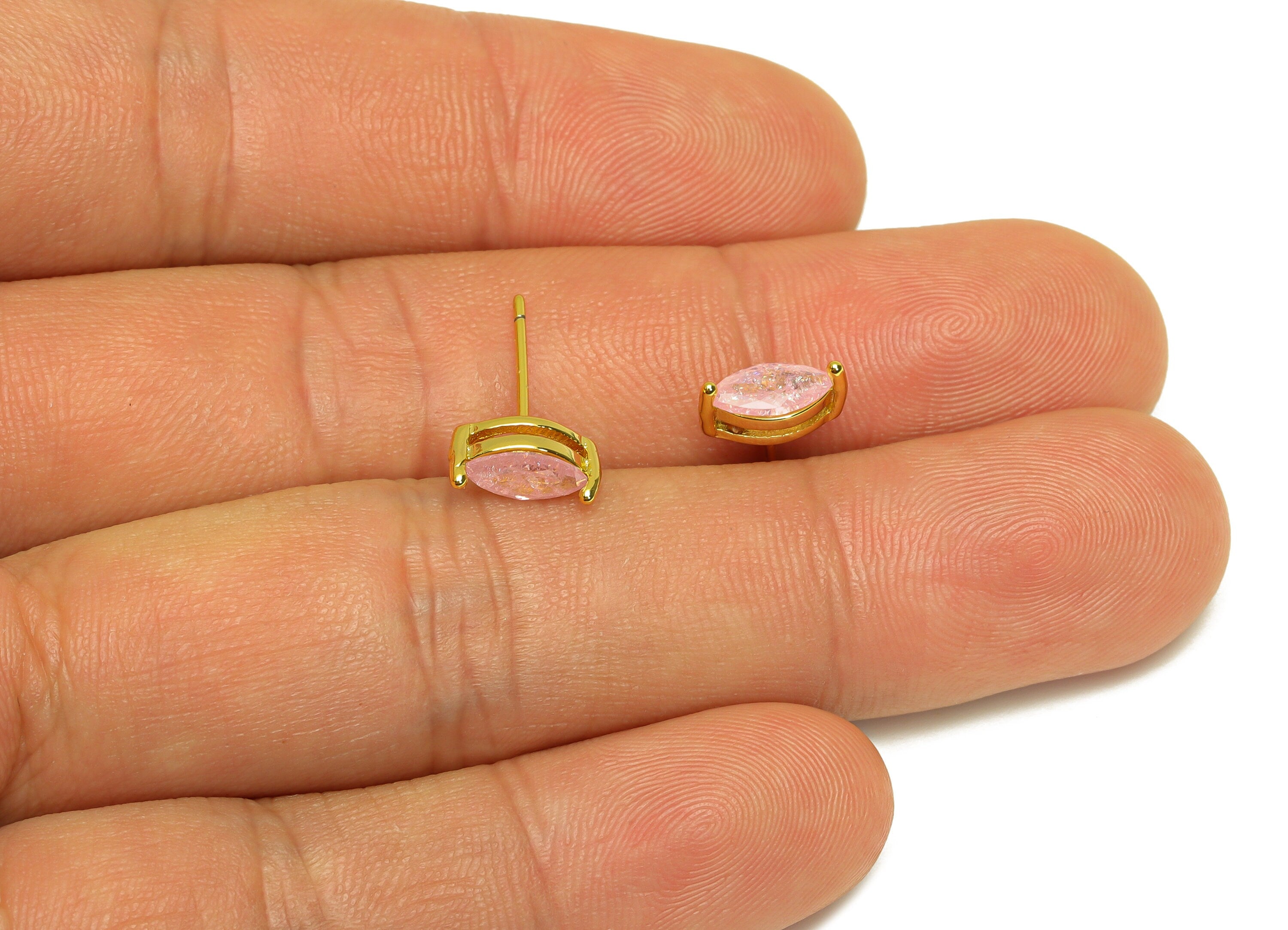 Brass Marquise CZ Earring Stud - Brass Crystal Pink Zircon Earring Post - Geometry Earring Post - 18K Real Gold Plating - 16x9x1mm -RGP7181A - DOMEDBAZAAR