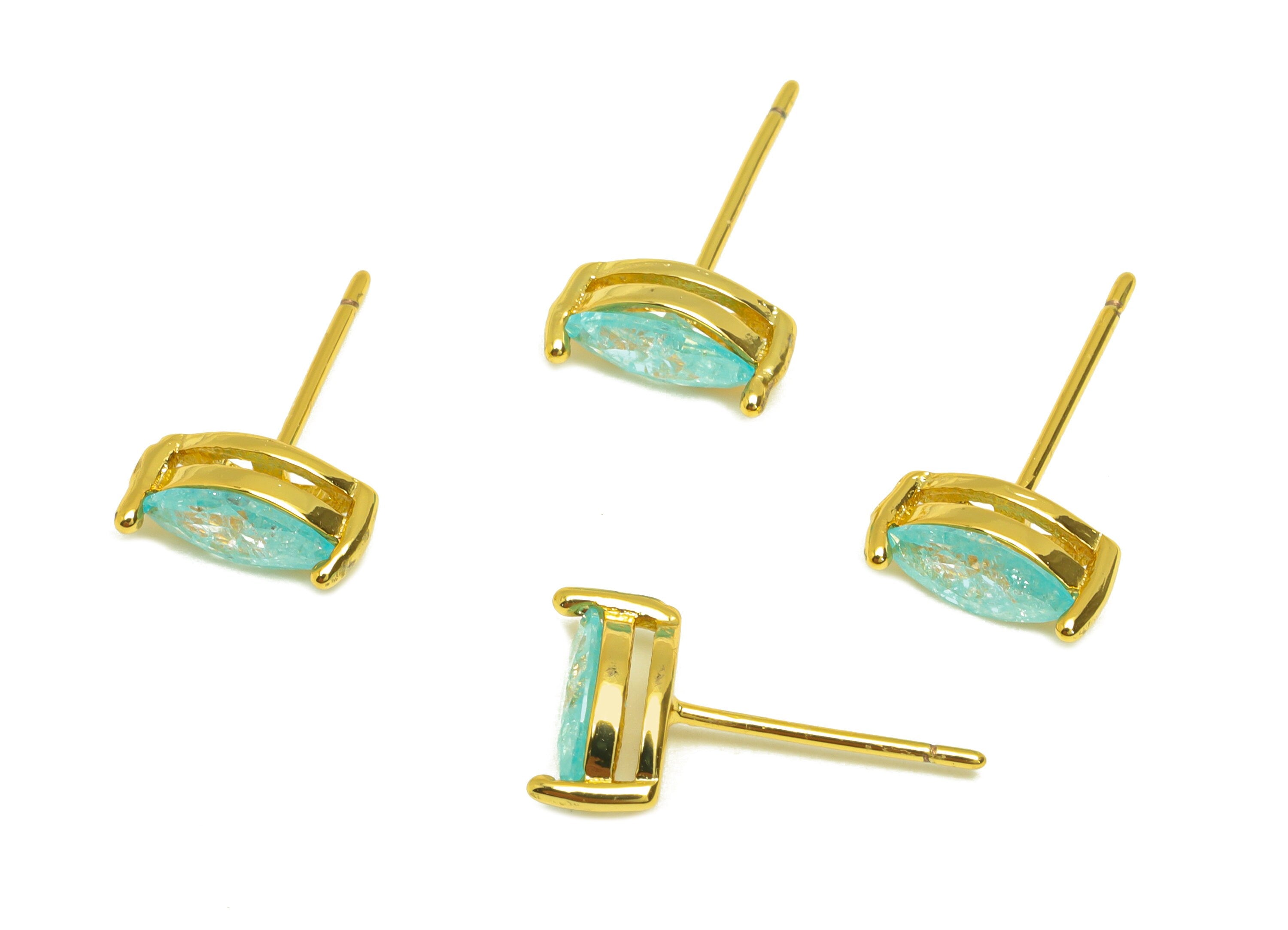 Brass Marquise CZ Earring Stud - Brass Blue Cubic Zircon Earring Post - Geometry Earring Post - 18K Real Gold Plating - 16x9x0.76mm-RGP7181C - DOMEDBAZAAR