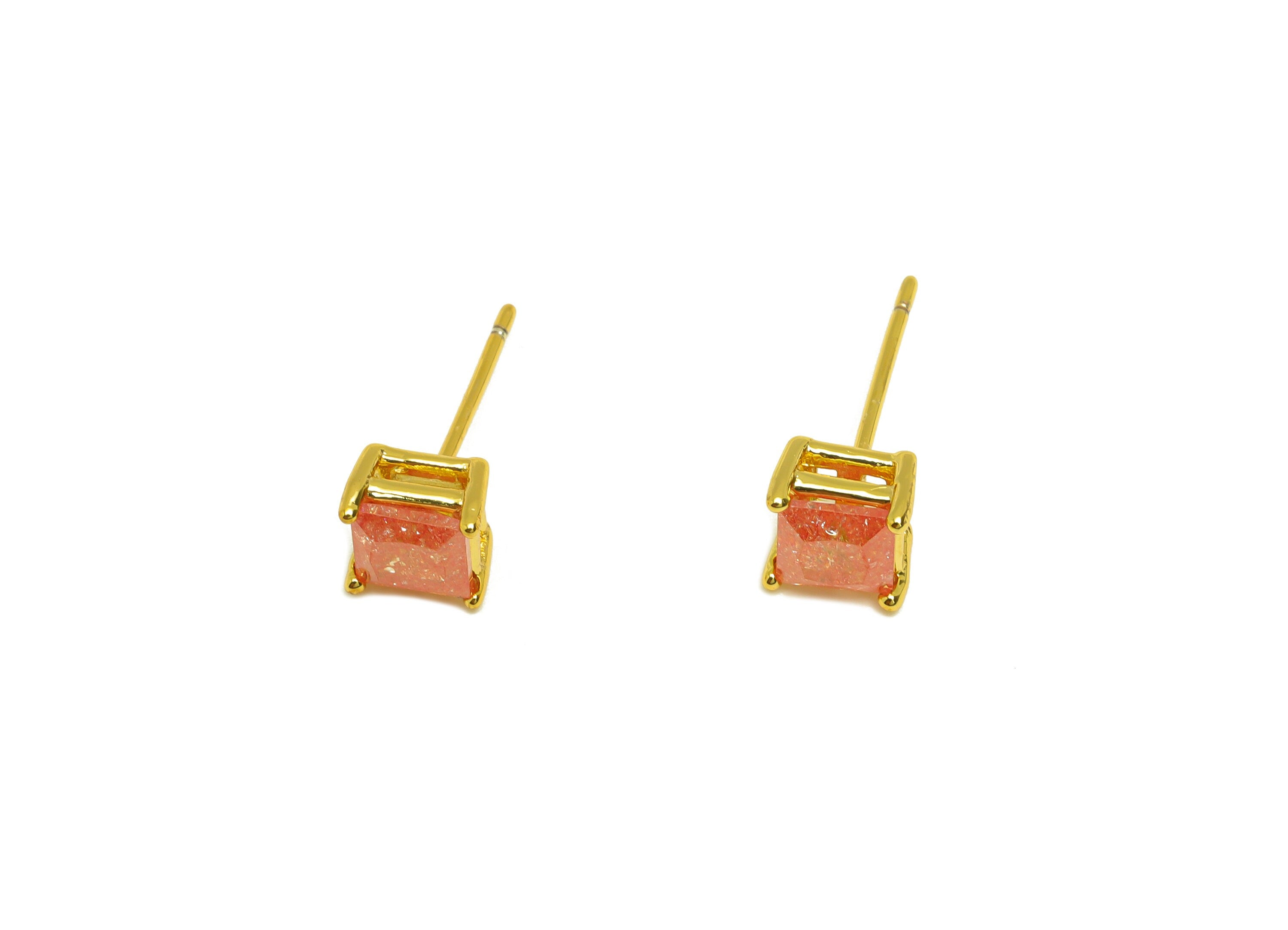 Brass Square CZ Earring Stud - Brass Pink Cubic Zircon Earring Post - Geometry Earring Post - 18K Real Gold Plating - 16x6x0.66mm - RGP7183A - DOMEDBAZAAR