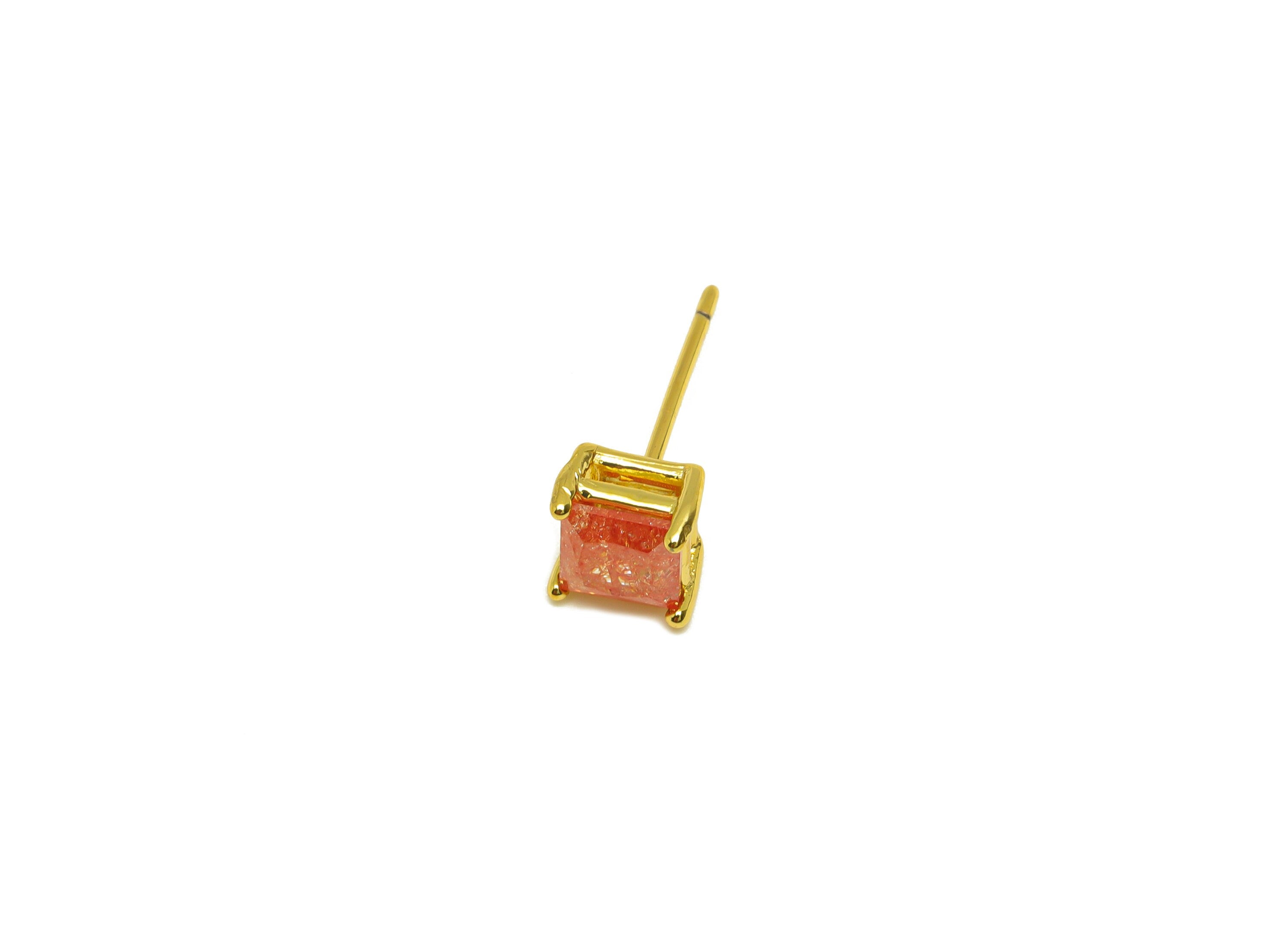 Brass Square CZ Earring Stud - Brass Pink Cubic Zircon Earring Post - Geometry Earring Post - 18K Real Gold Plating - 16x6x0.66mm - RGP7183A - DOMEDBAZAAR