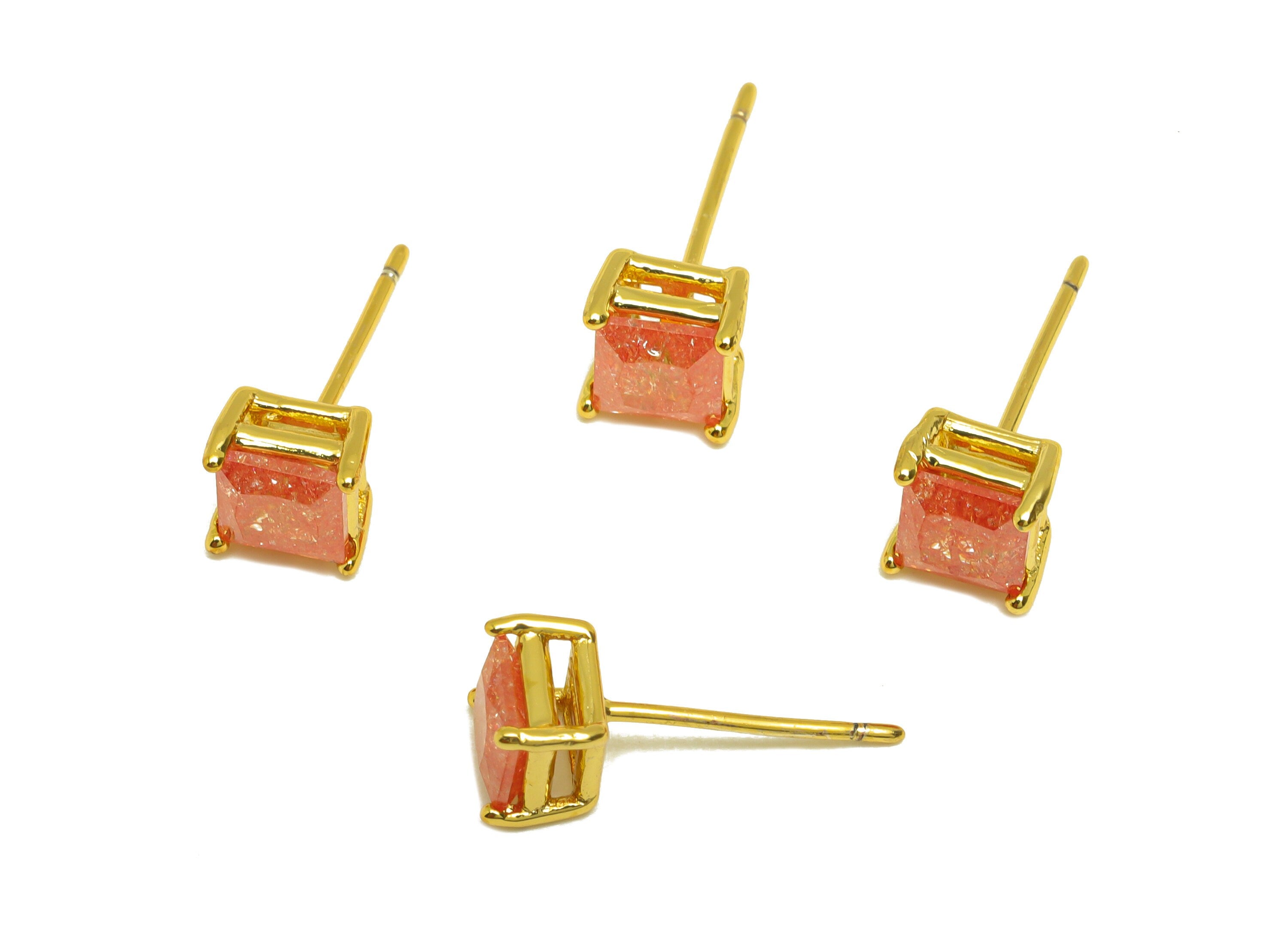 Brass Square CZ Earring Stud - Brass Pink Cubic Zircon Earring Post - Geometry Earring Post - 18K Real Gold Plating - 16x6x0.66mm - RGP7183A - DOMEDBAZAAR