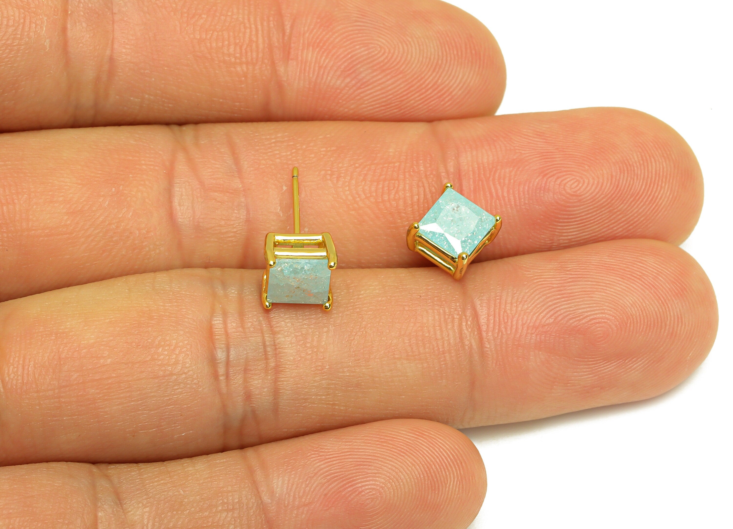 Brass Square CZ Earring Stud - Brass Blue Cubic Zircon Earring Post - Geometry Earring Post - 18K Real Gold Plating - 16x7x0.72mm - RGP7184C - DOMEDBAZAAR