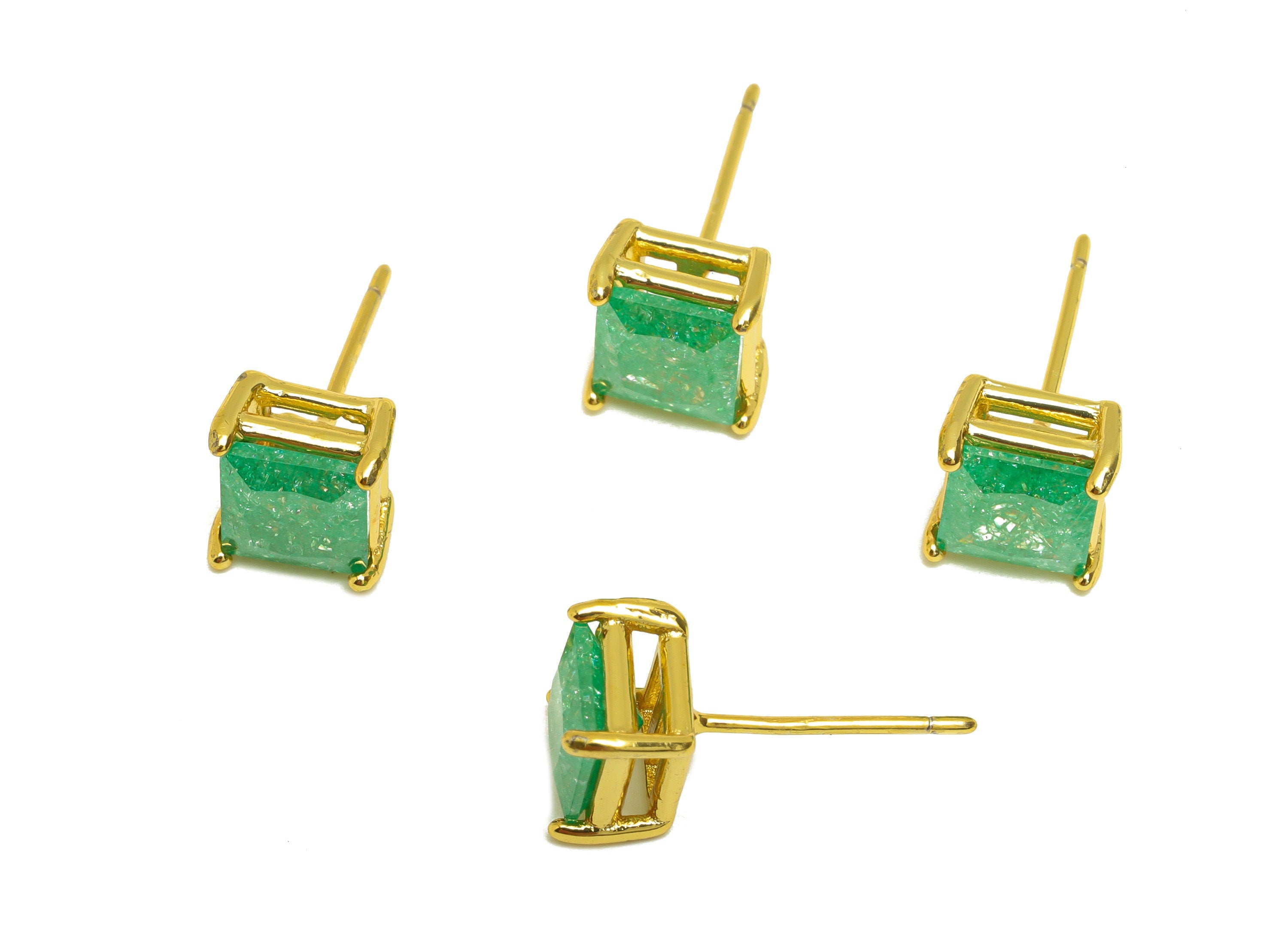 Brass Square CZ Earring Stud - Brass Green Cubic Zircon Earring Post - Geometry Earring Post - 18K Real Gold Plating - 16x7x0.7mm - RGP7184D - DOMEDBAZAAR