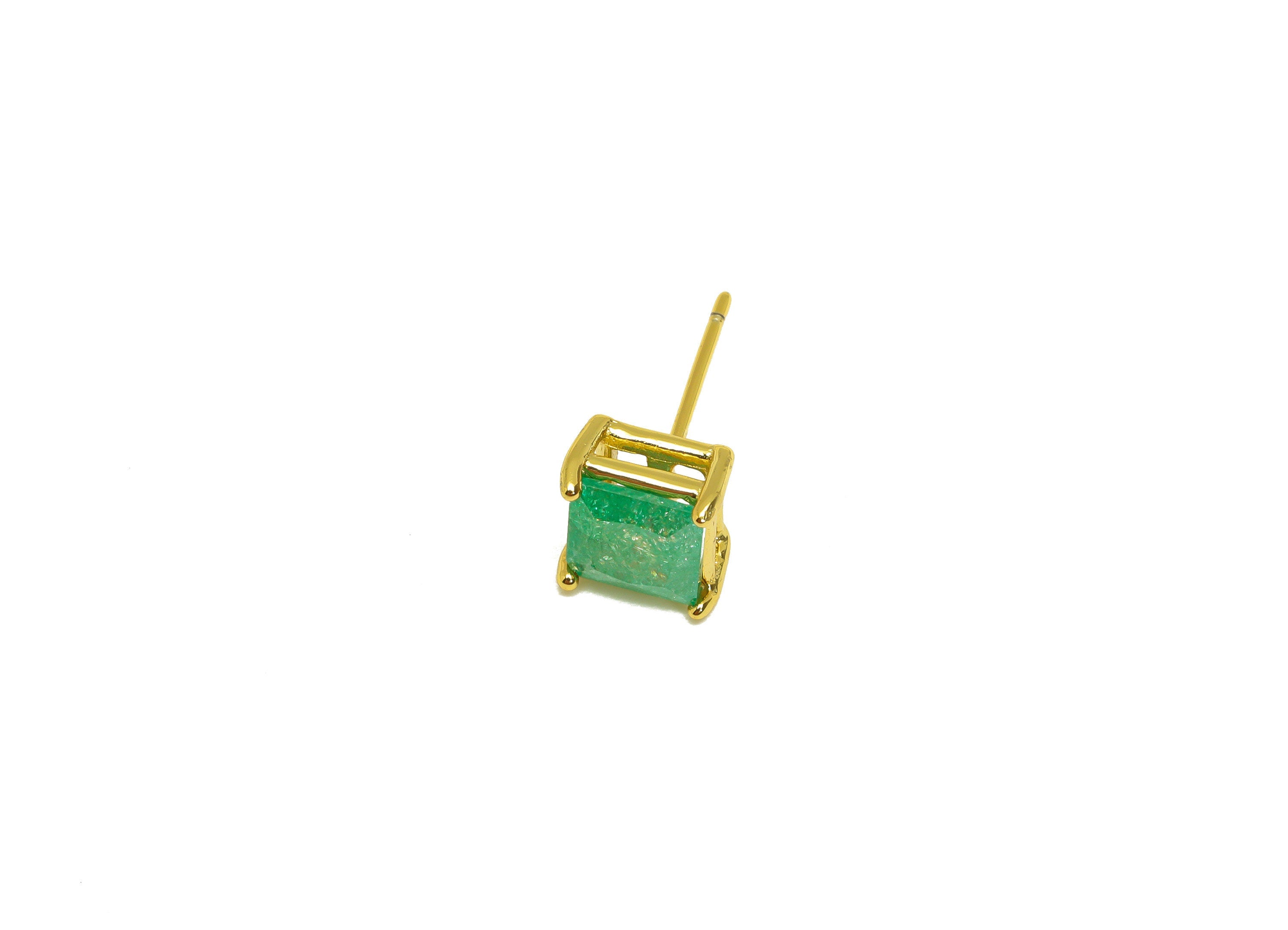 Brass Square CZ Earring Stud - Brass Green Cubic Zircon Earring Post - Geometry Earring Post - 18K Real Gold Plating - 16x7x0.7mm - RGP7184D - DOMEDBAZAAR
