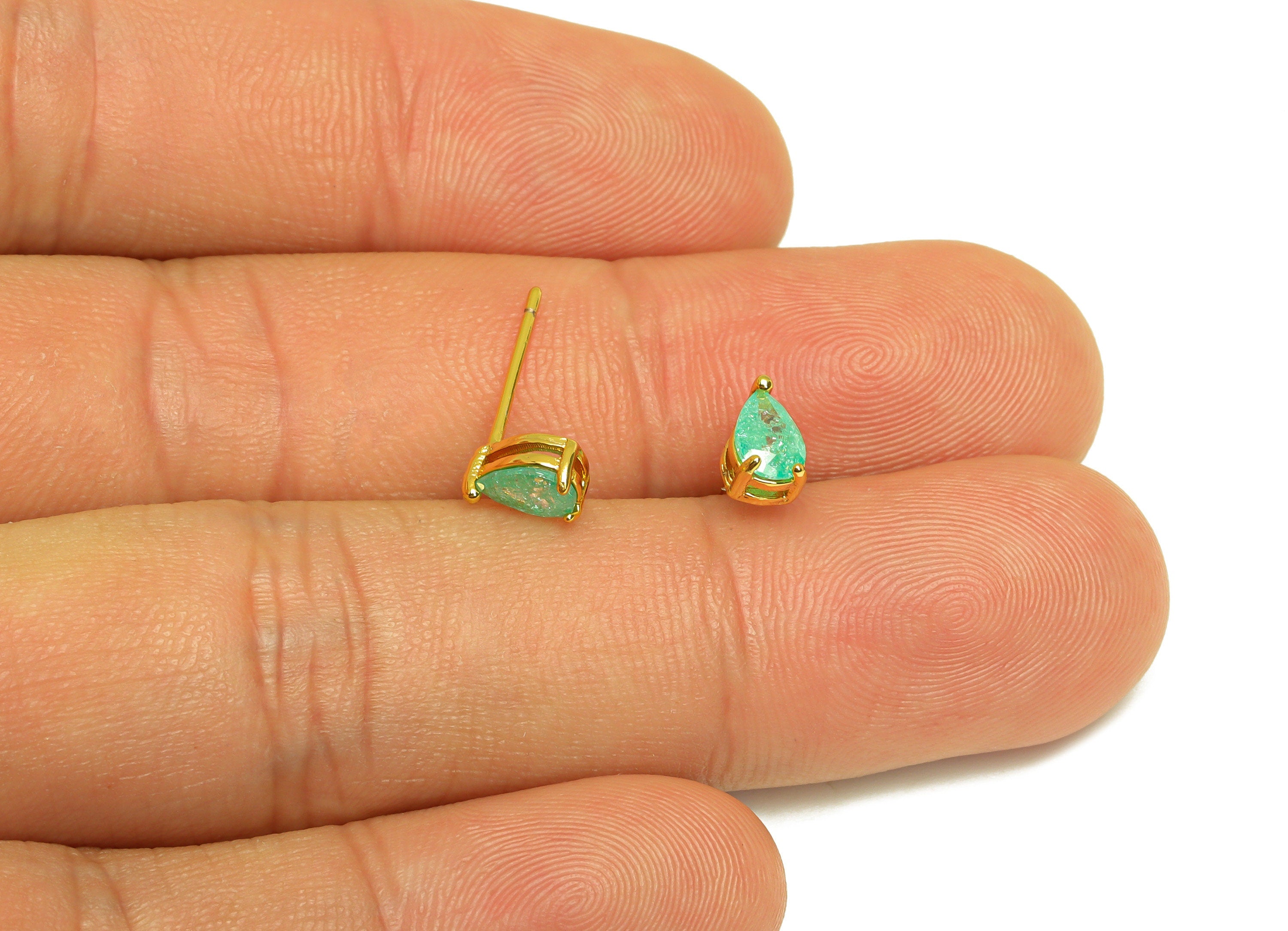 Brass Teardrop CZ Earring Stud - Brass Green Cubic Zircon Earring Post - Drop Earring Post - 18K Real Gold Plating - 15x4x0.74mm - RGP7186D - DOMEDBAZAAR