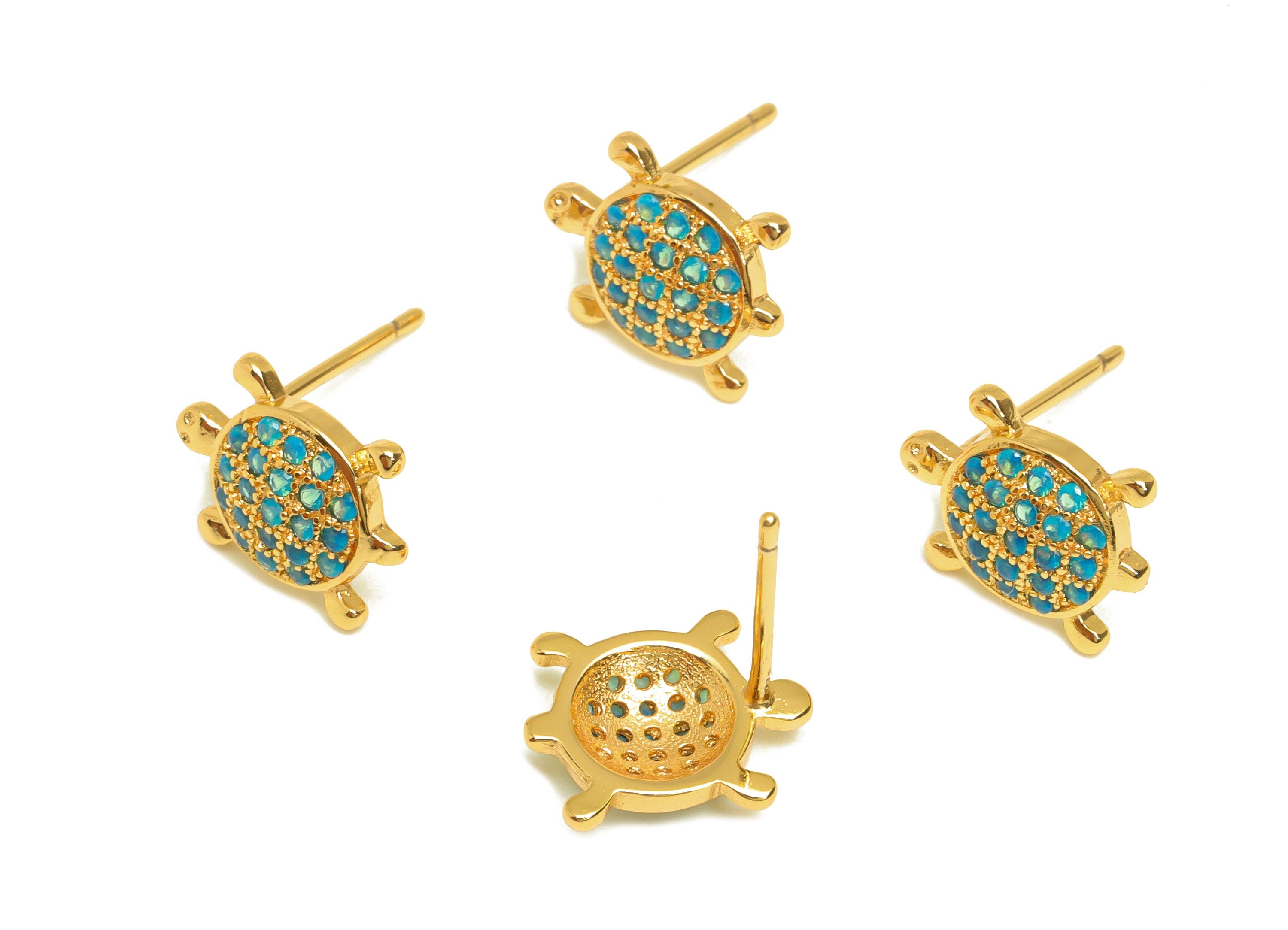 Brass Turtle CZ Earring Stud - Brass Nano Stone Earring Post - Brass Turtle Baby Earring Post - 18K Real Gold Plating - 14x9x0.7mm -RGP7187B - DOMEDBAZAAR