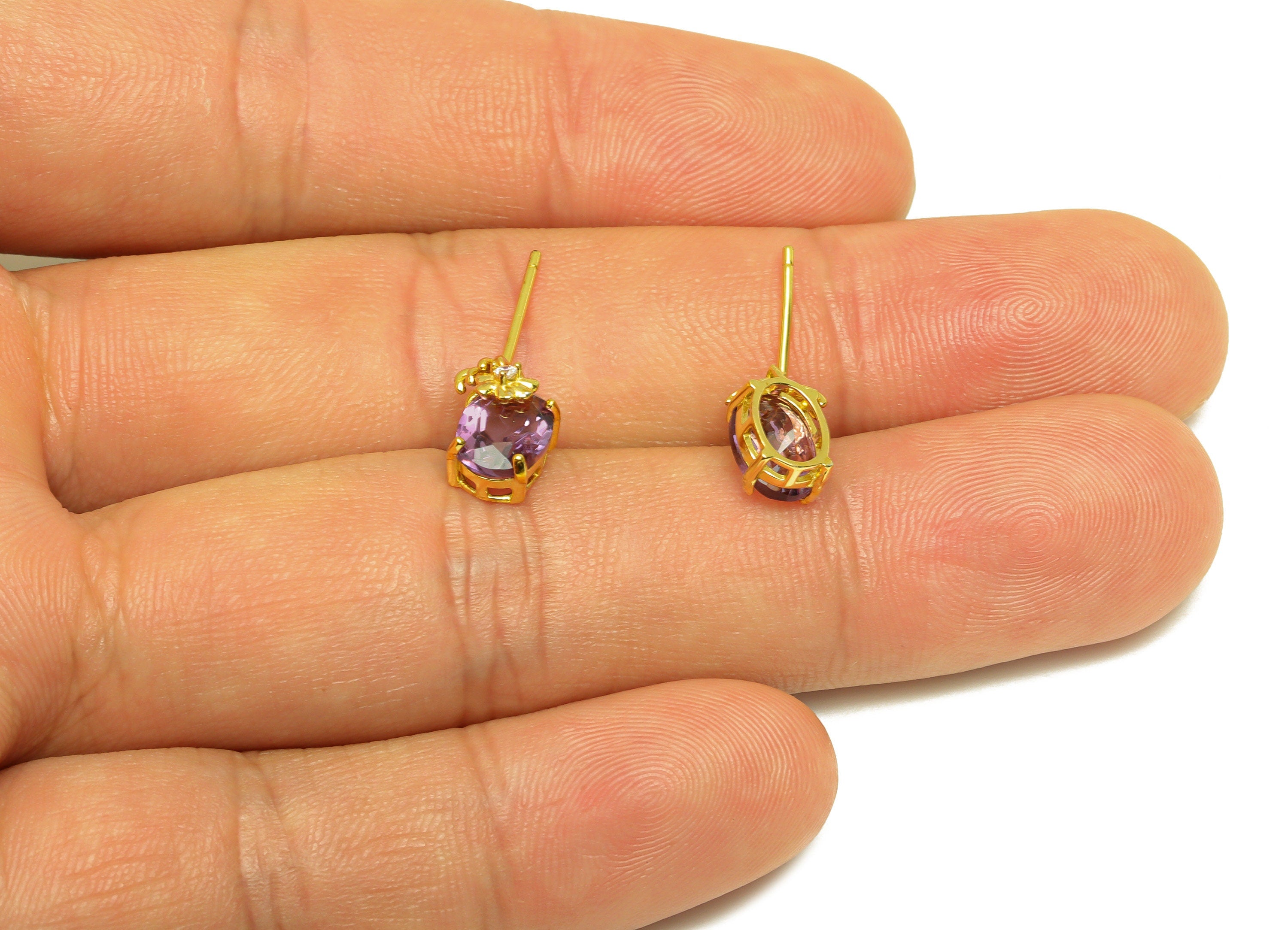 Amethyst Oval Earring Stud - Amethyst Oval Earring Post - 925 Silver Amethyst Earring Post - 18K Real Gold Plating - 13x6x0.7mm - RGP7189 - DOMEDBAZAAR