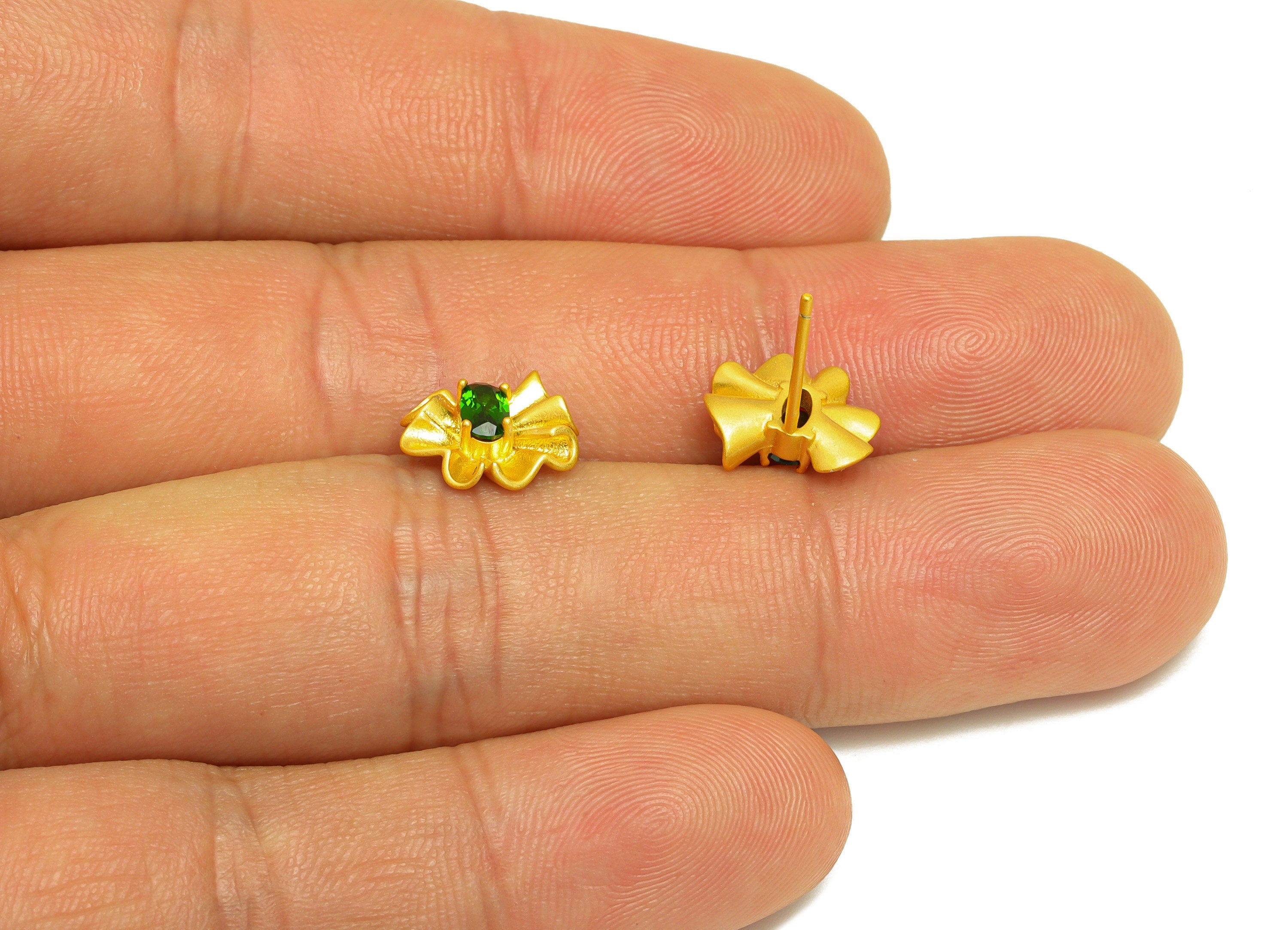 Diopside Earring Stud - Textured Diopside Earring Post - Wavy Silver Vintage Earring Post - 18K Real Gold Plating Silver - 9x11x1mm -RGP7193 - DOMEDBAZAAR