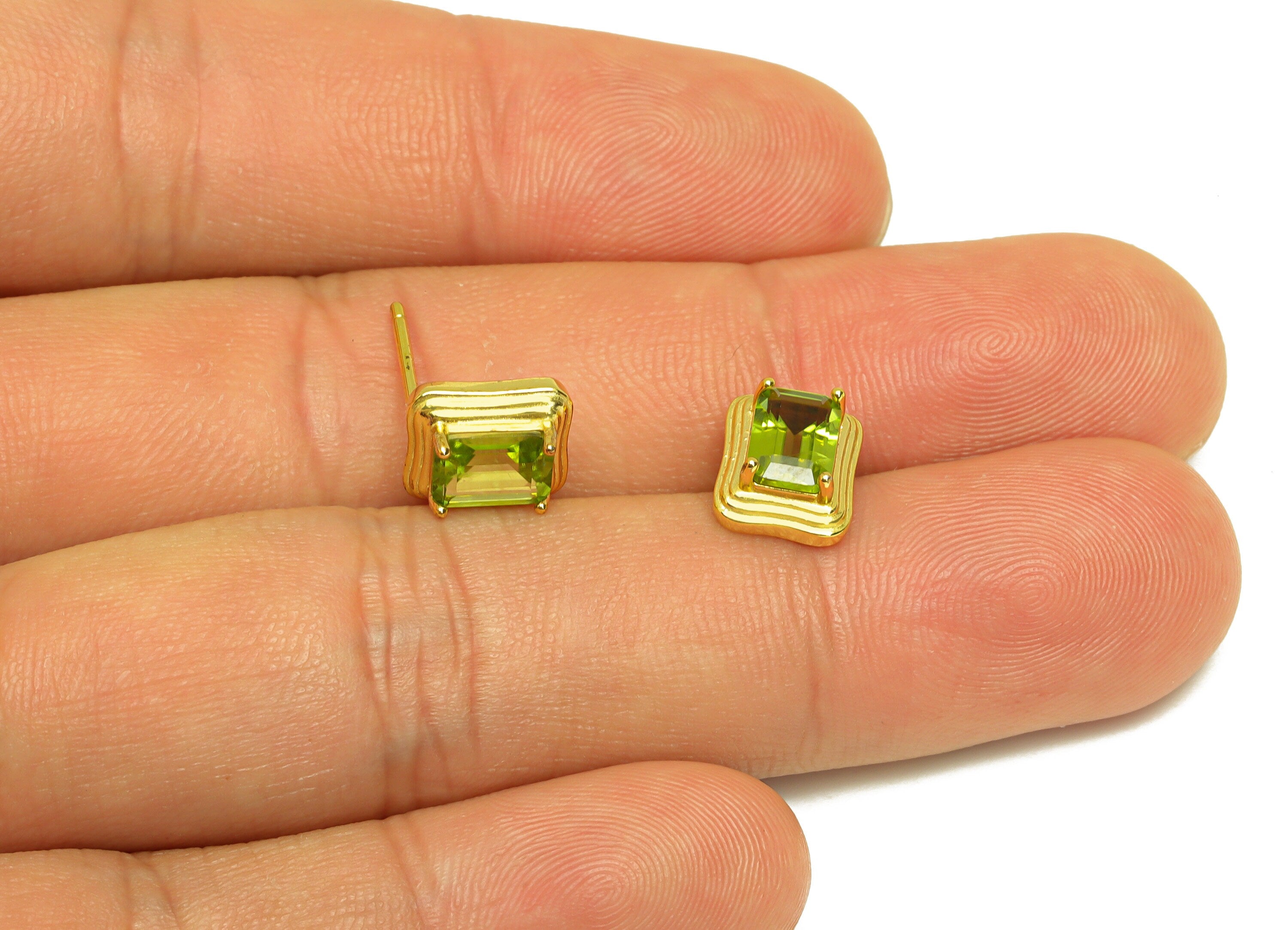 Peridot Earring Stud - Peridot Green Earring Post - 925 Silver Vintage Earring Post - 18K Real Gold Plating Silver - 9x8x0.88mm - RGP7203 - DOMEDBAZAAR