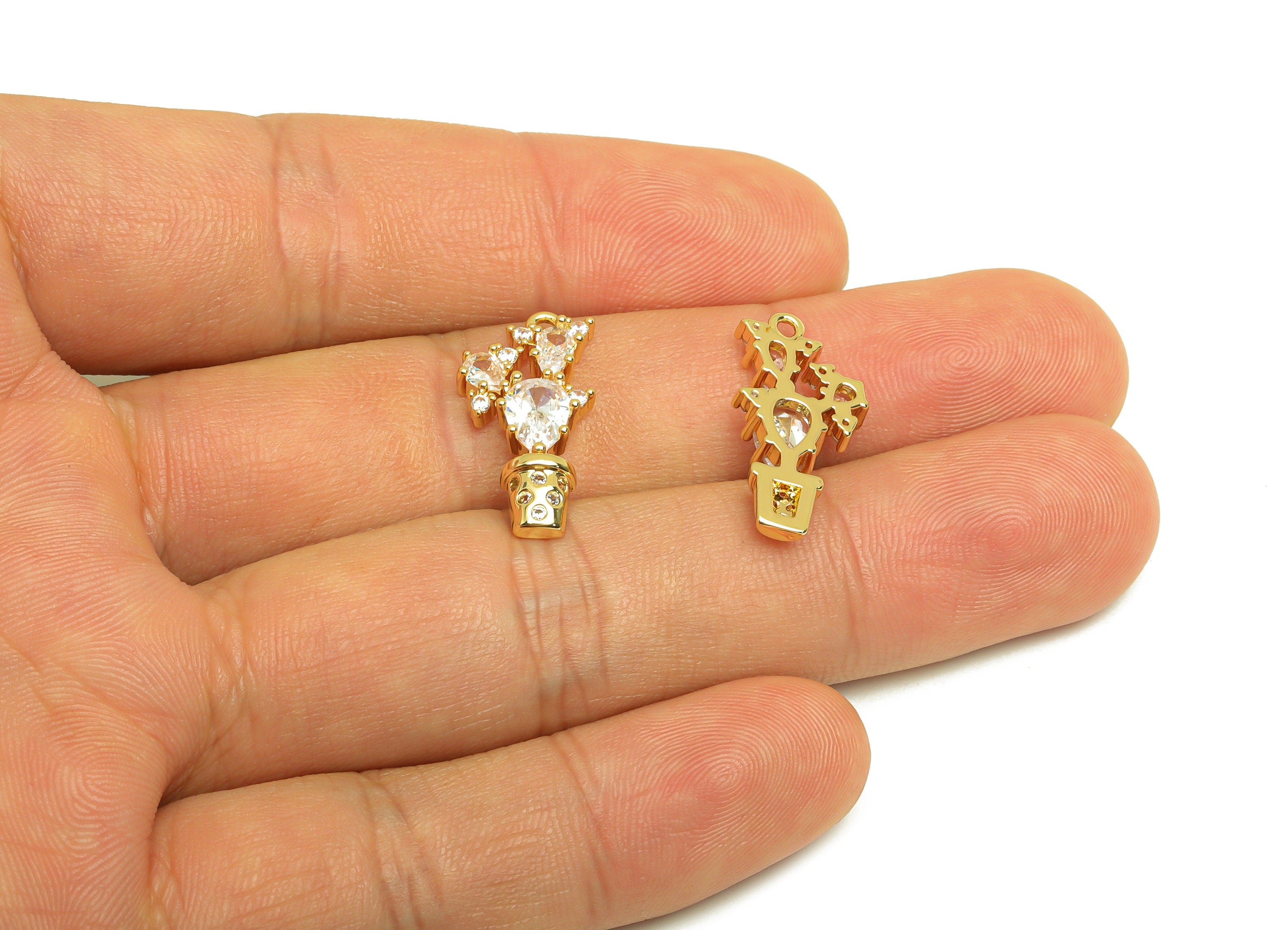 Brass Potted Plants Earring Charm - Brass Zircon Earring Charm - Brass Teardrop Earring Charm - 18K Real Gold Plating - 21x10x3mm - RGP6891 - DOMEDBAZAAR