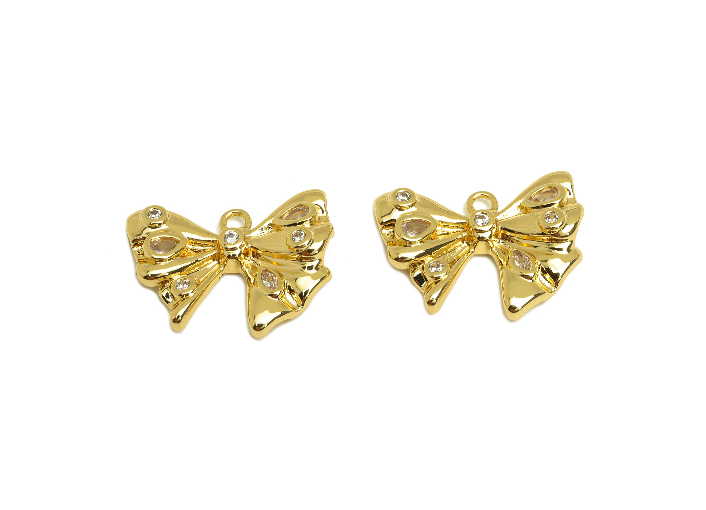 Brass Bow Earring Charm - Brass Cubic Zircon Earring Charm - Brass Butterfly Bow Earring Charm - 18K Real Gold Plating - 14x18x3mm - RGP6893 - DOMEDBAZAAR