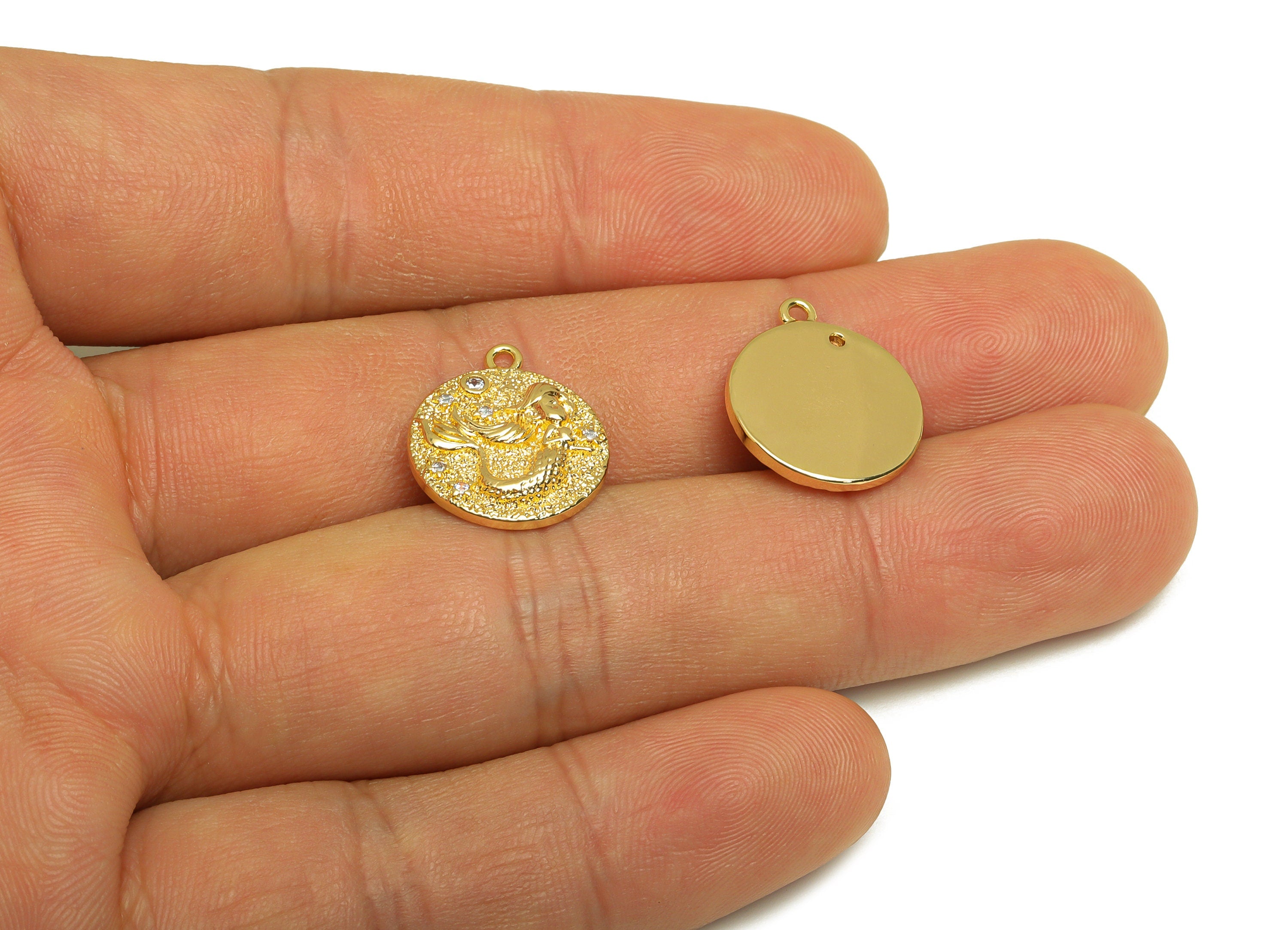 Brass Mermaid Earring Charm - Brass Cubic Zircon Earring Charm - Ocean Princess Earring Charm - 18K Real Gold Plating - 17x14x2mm - RGP6871 - DOMEDBAZAAR