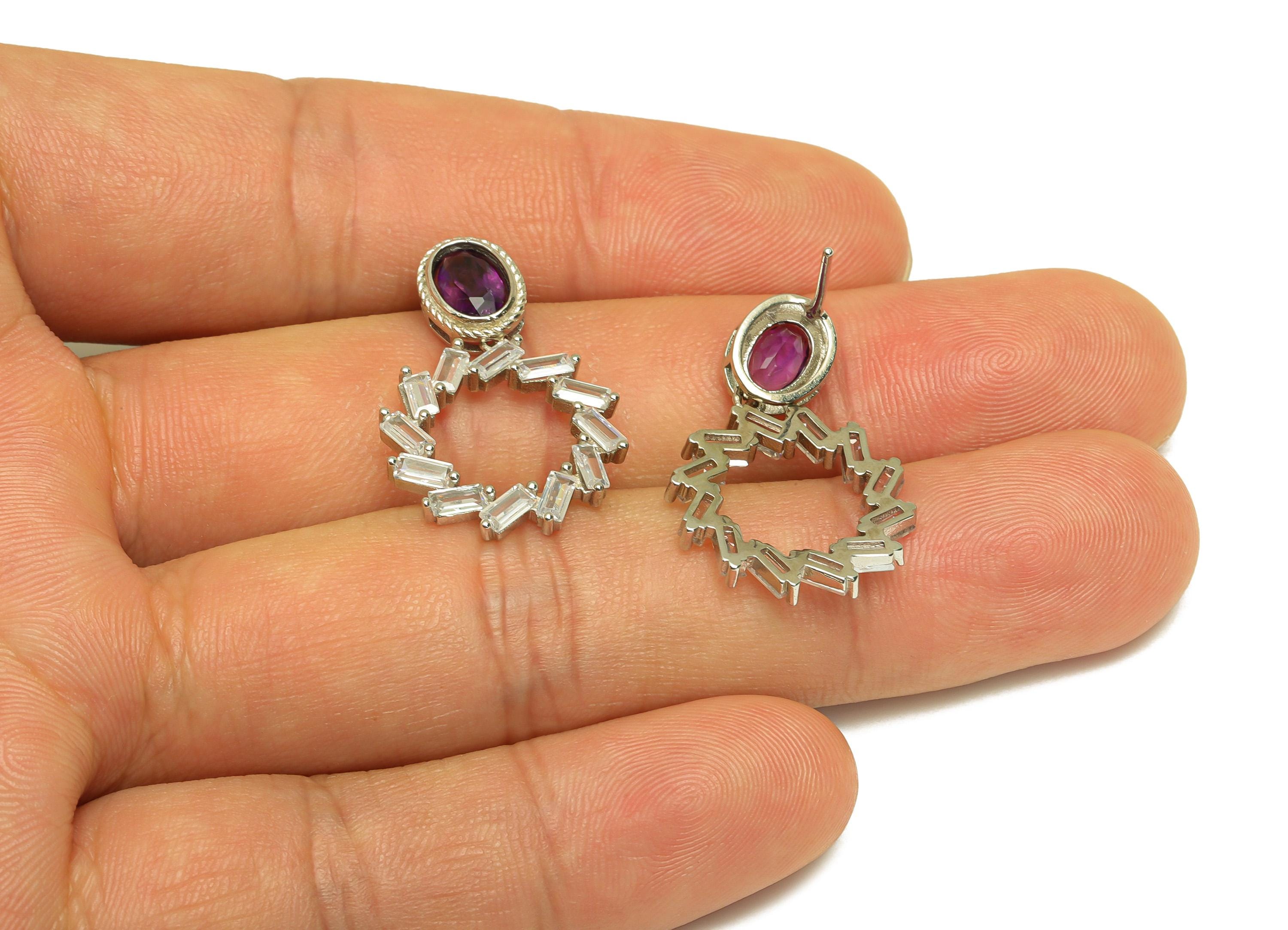Amethyst Earring Stud - Rectangle Cubic Zircon Oval Earring Post - Purple Earring Post - Silver Round Earring Post - 27x18x1mm - RGP7231 - DOMEDBAZAAR