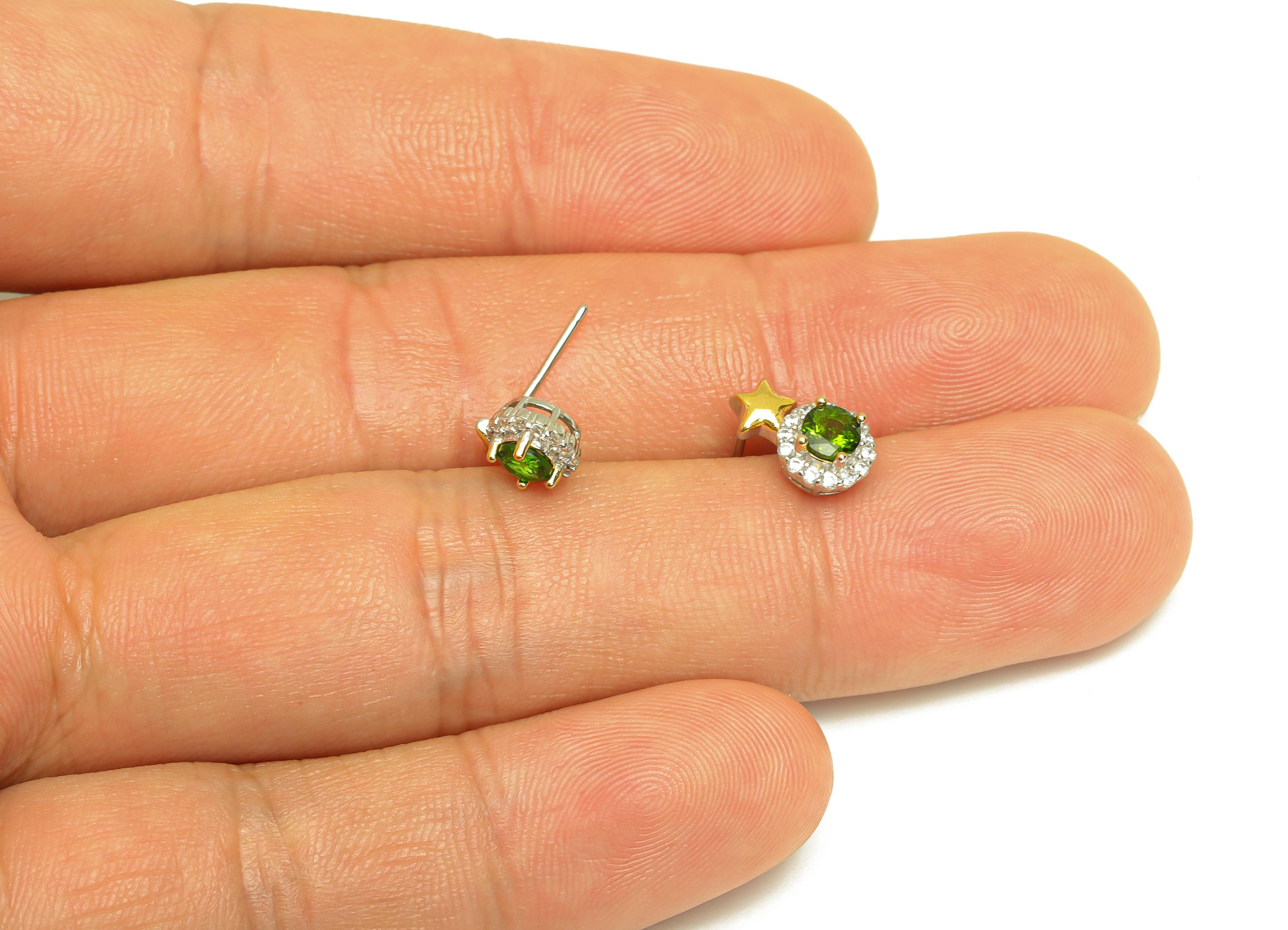 Diopside Earring Stud - Round Cubic Zircon Green Earring Post - Silver Star Earring Post - Diopside Round Earring Post - 11x6x1mm - RGP7228 - DOMEDBAZAAR