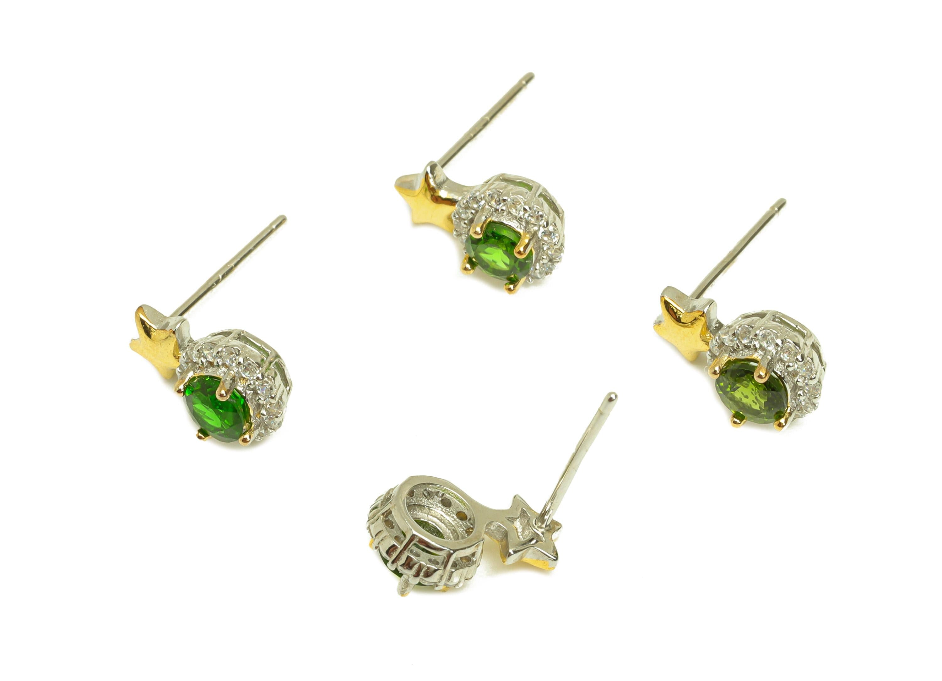 Diopside Earring Stud - Round Cubic Zircon Green Earring Post - Silver Star Earring Post - Diopside Round Earring Post - 11x6x1mm - RGP7228 - DOMEDBAZAAR