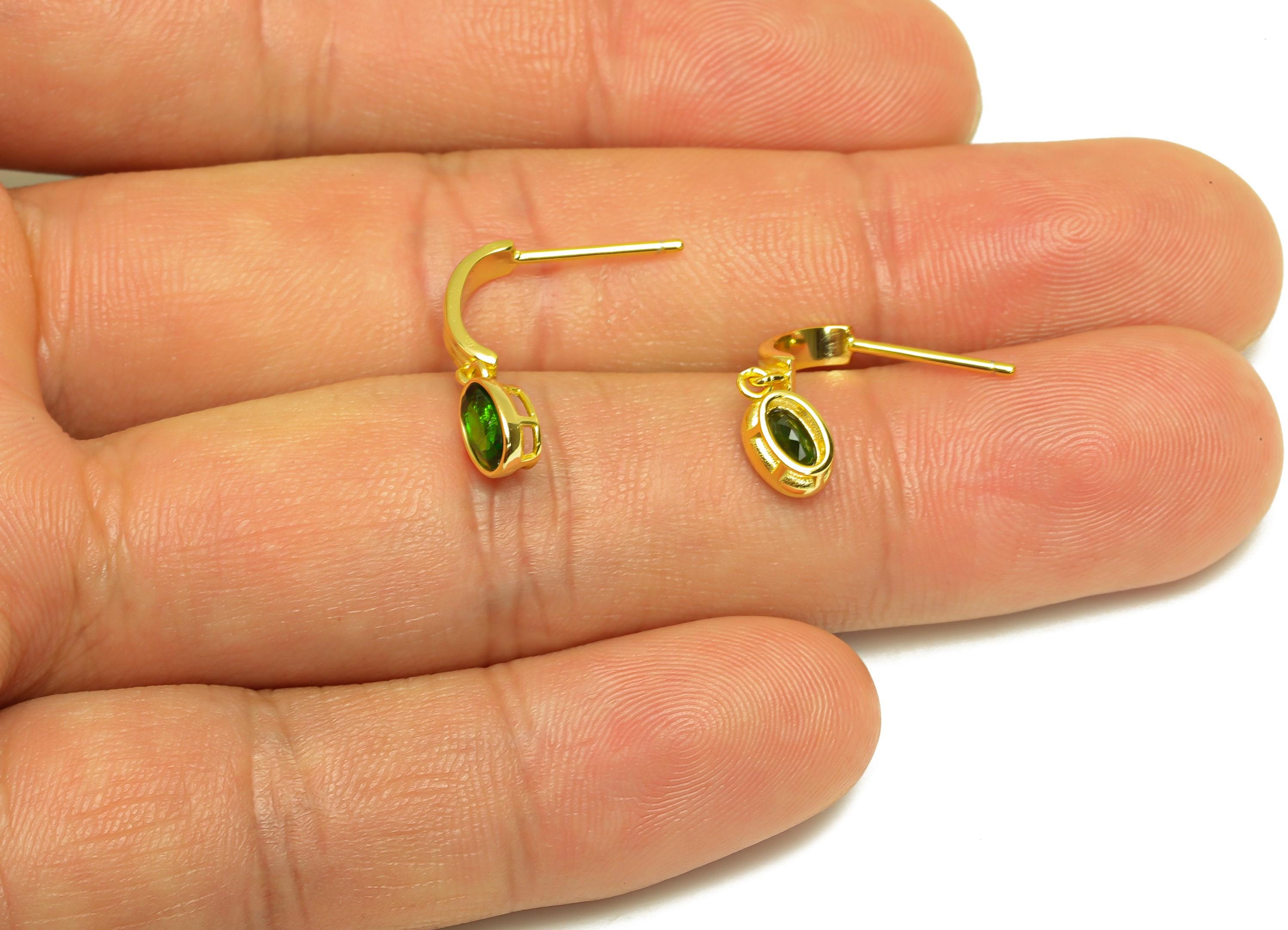 Diopside Bent Earring Stud - Bent Stick Oval Green Earring Post - Silver Earring Post - 18K Real Gold Plating Silver - 20x5x0.9mm- RGP7220 - DOMEDBAZAAR