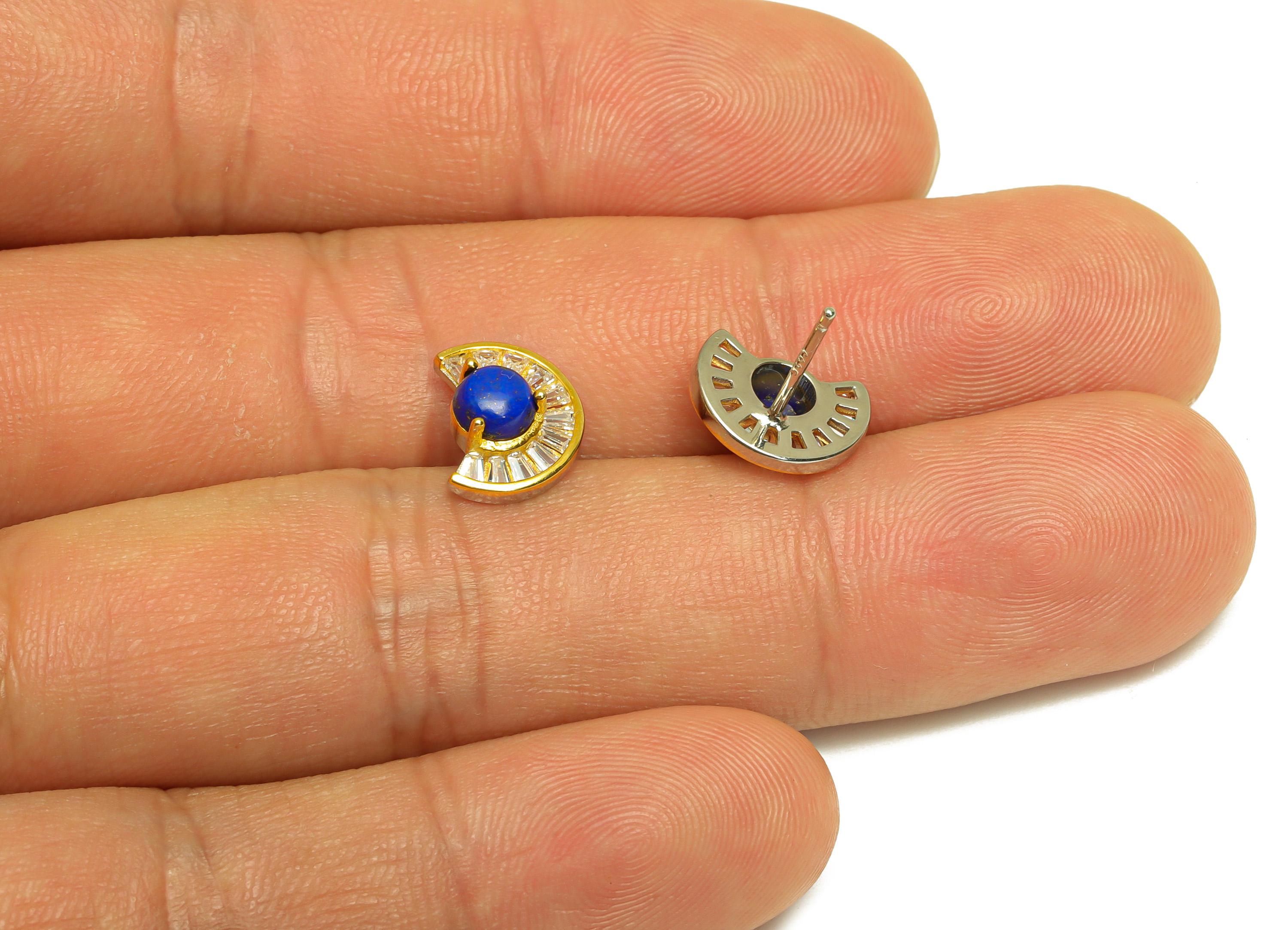 Afgan Lapis Lazuli Earring Stud - Cubic Zircon Blue Earring Post - Silver Earring Post - CZ Geometry Round Earring Post - 8x11x1mm - RGP7229 - DOMEDBAZAAR