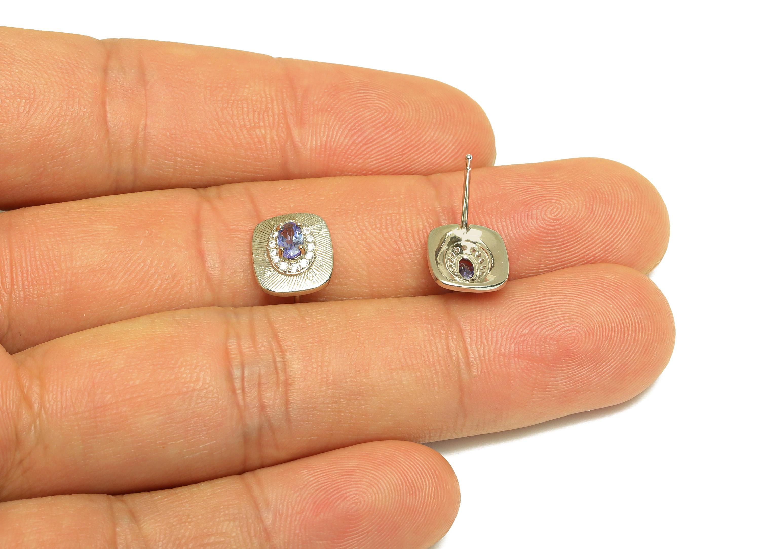 Tanzonite Earring Stud - Silver Cubic Zircon Earring Post - Rectangle Earring Post - 925 Silver Geometry Earring Post - 11x9x0.7mm - RGP7230 - DOMEDBAZAAR