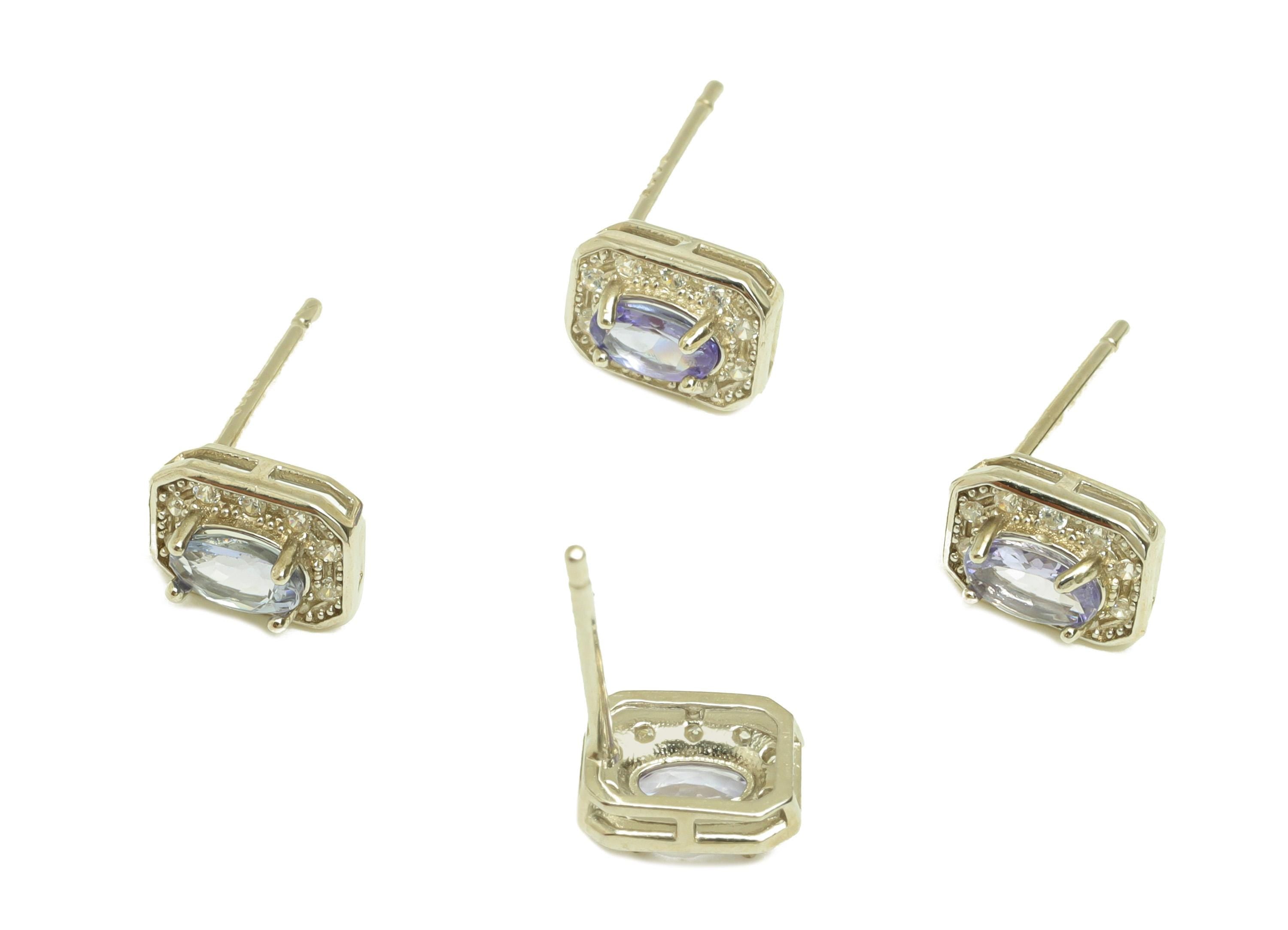 Tanzonite Earring Stud - Silver Cubic Zircon Earring Post - CZ Silver Oval Earring Post - 925 Silver Geometry Earring - 7x5x0.78mm - RGP7226 - DOMEDBAZAAR