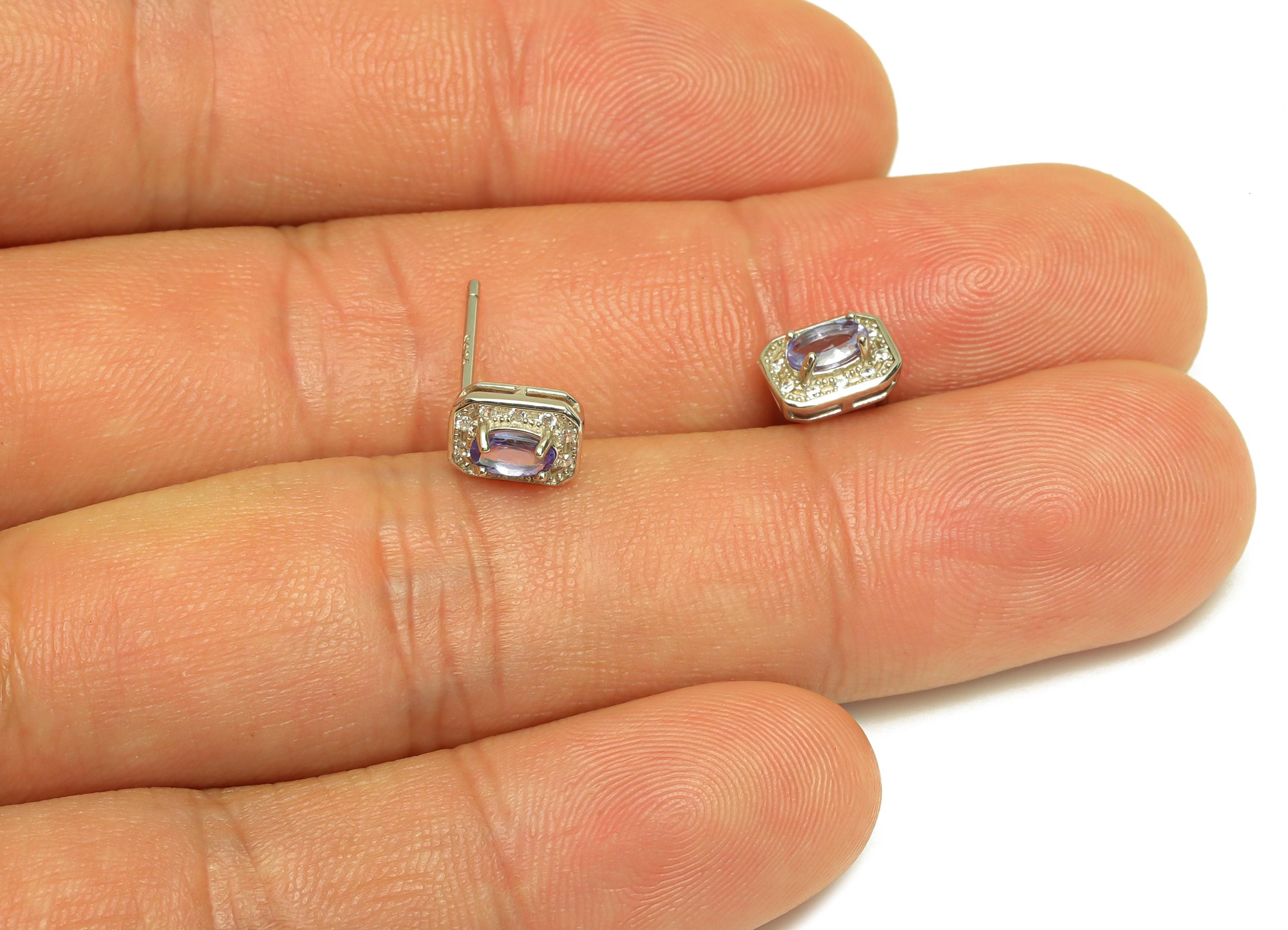 Tanzonite Earring Stud - Silver Cubic Zircon Earring Post - CZ Silver Oval Earring Post - 925 Silver Geometry Earring - 7x5x0.78mm - RGP7226 - DOMEDBAZAAR