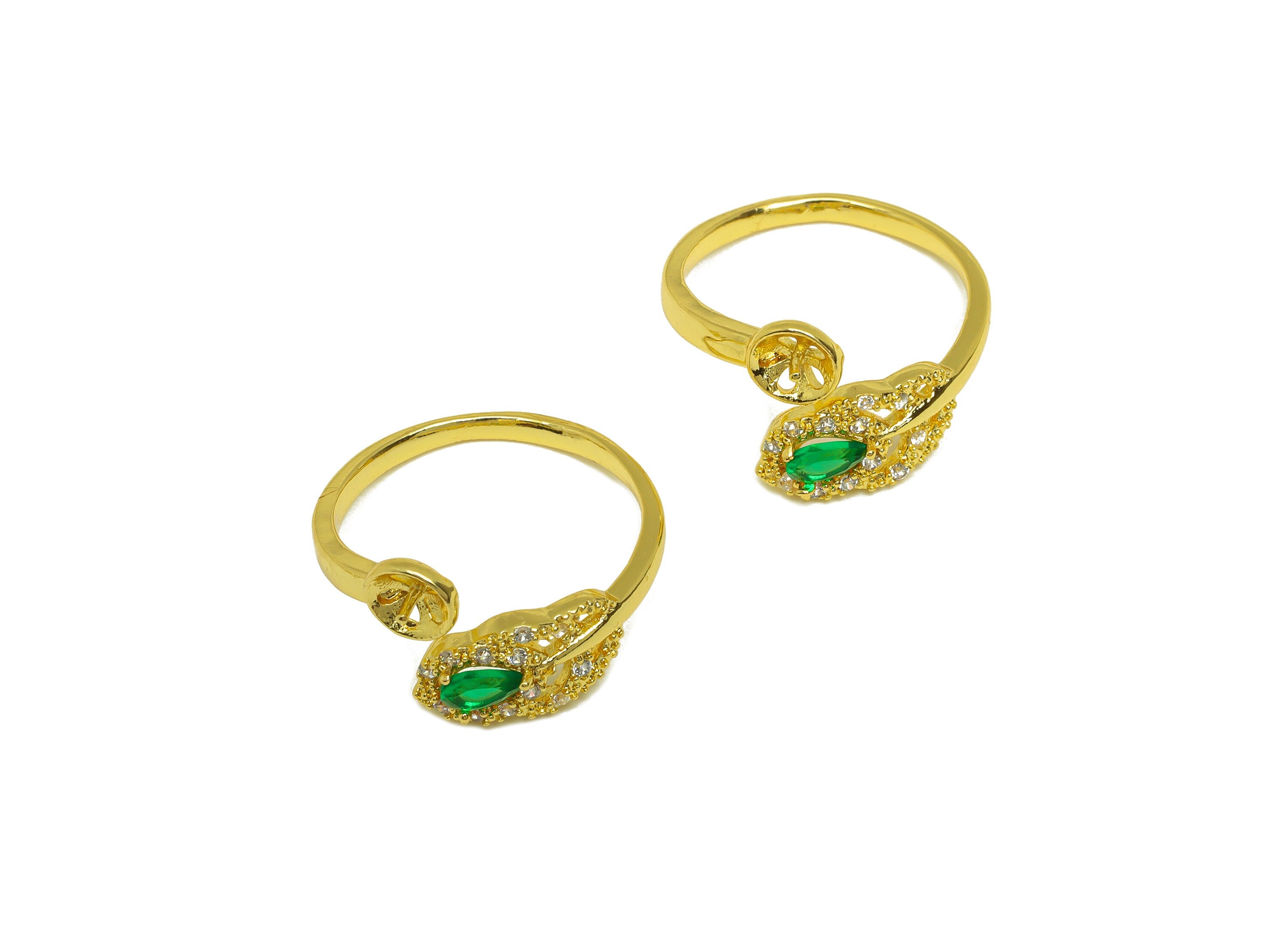 Brass Adjustable Ring - Brass Green Cubic Zircon Leaf Ring Settings - Brass Drop Open Ring - 18K Real Gold Plating - 21x12x1mm - RGP7007 - DOMEDBAZAAR