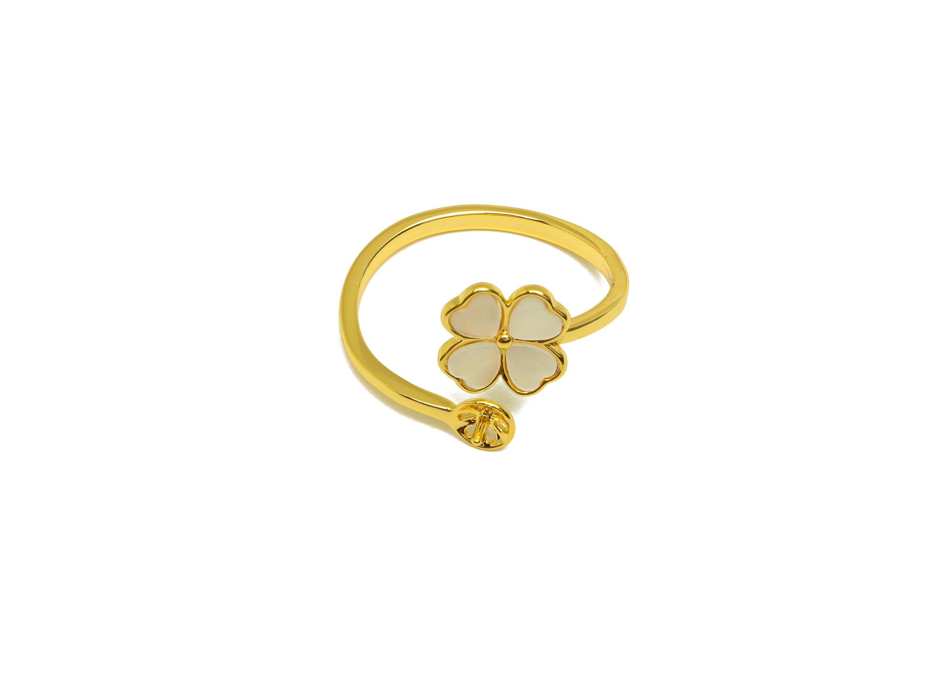 Brass Adjustable Ring - Heart Rings - Rings For Pearl - Mother of Pearl Four Leaf Clover Ring - 18K Real Gold Plating - 20x15x2mm - RGP7011 - DOMEDBAZAAR